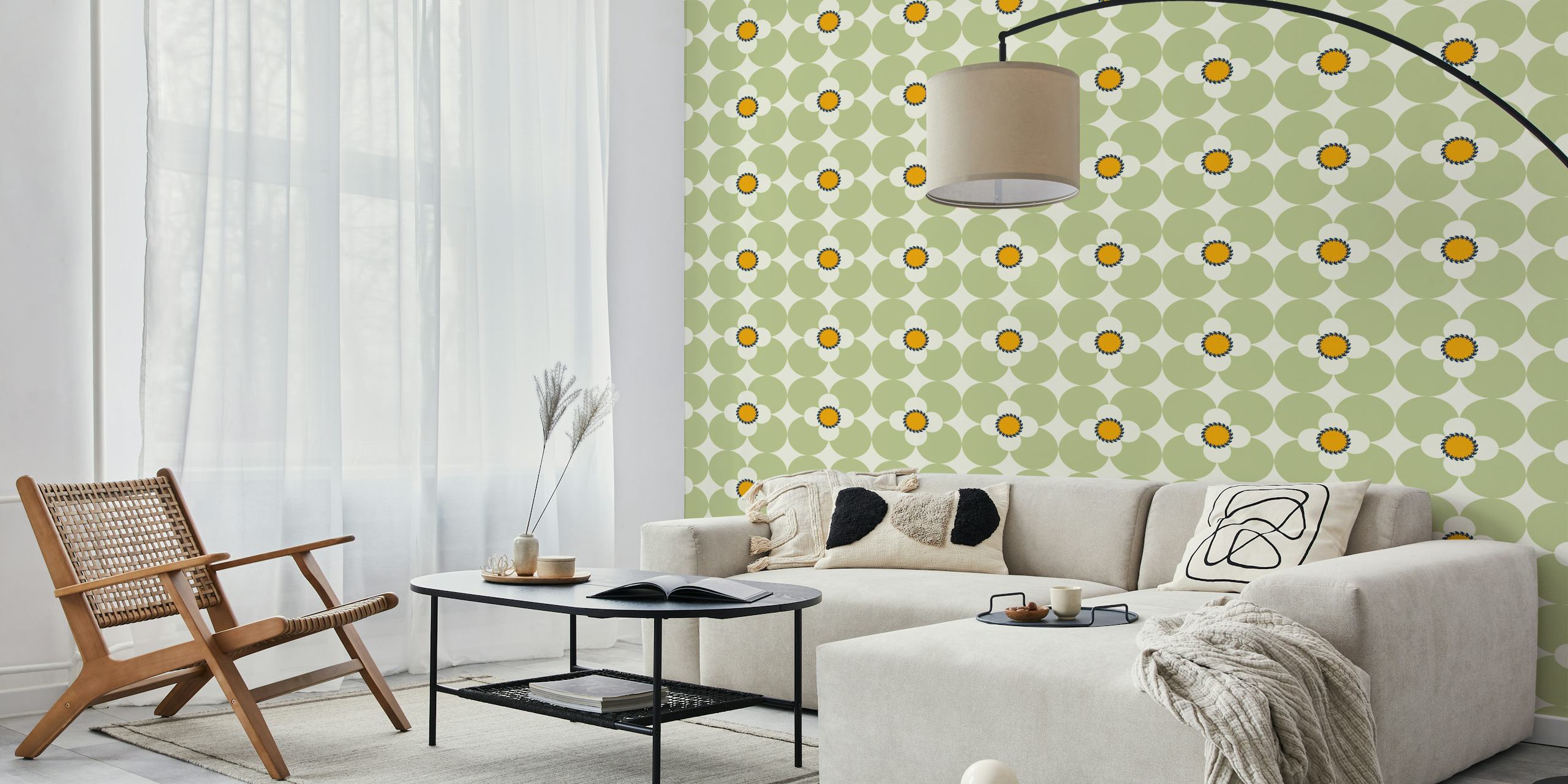 Retro floral design with green and orange blooms wallpaper