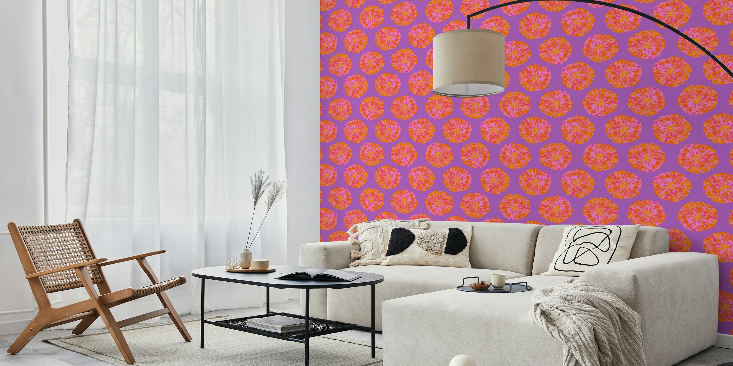 Floral wallpaper design in orange and violet