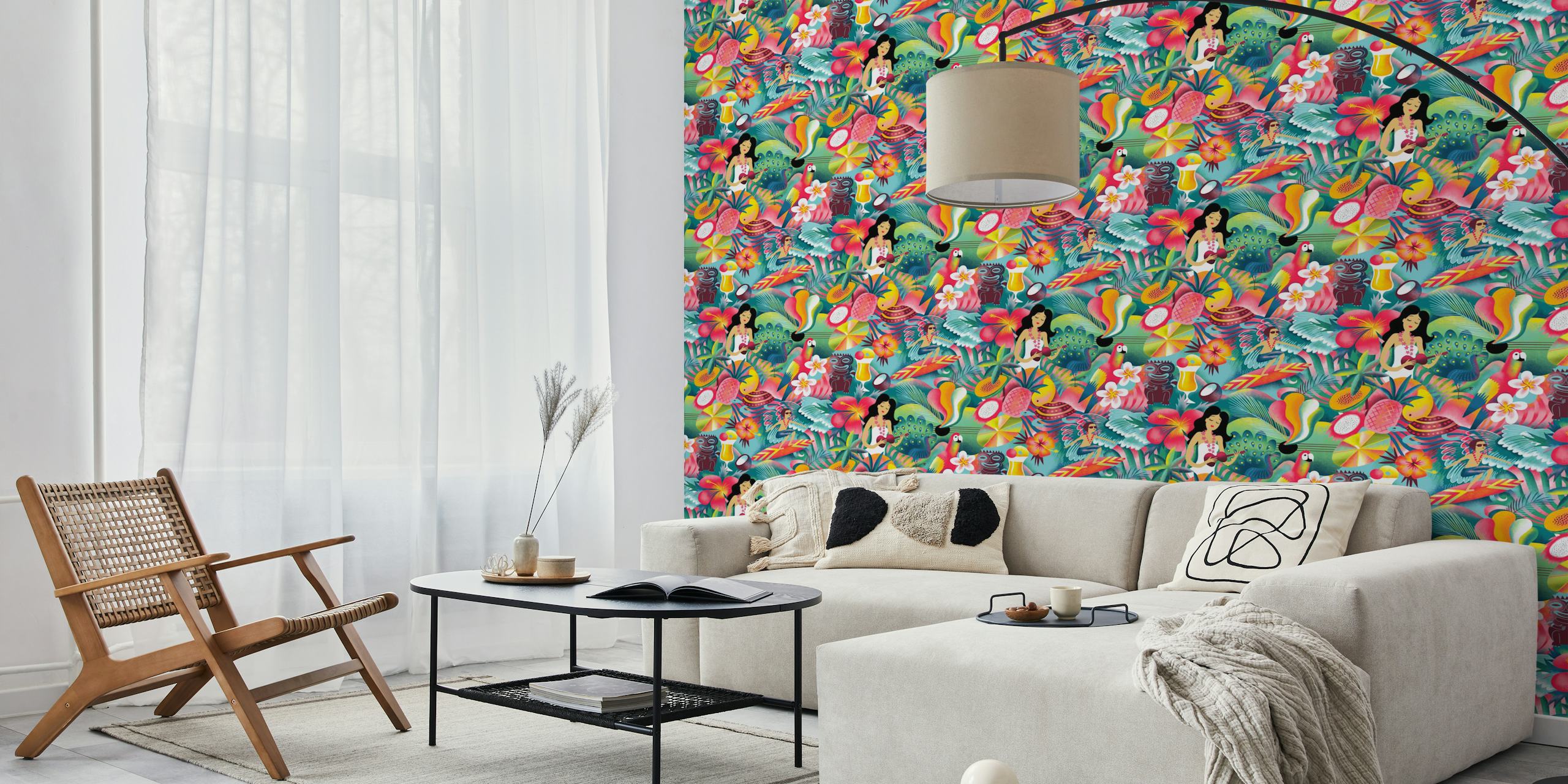Waikiki tiki candy pop wallpaper displayed in a room