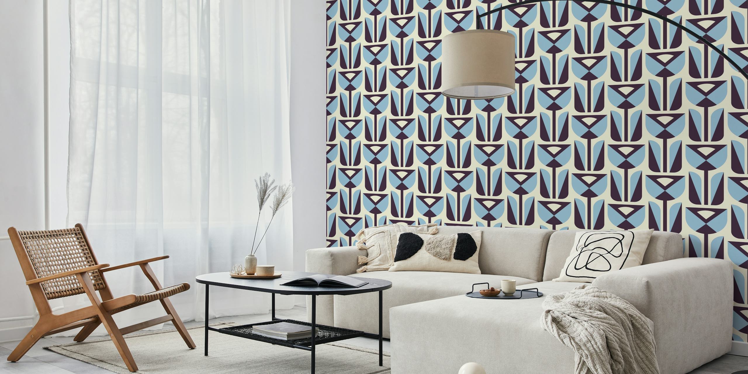 Geometric tulip patterns in blue and cream colors wallpaper