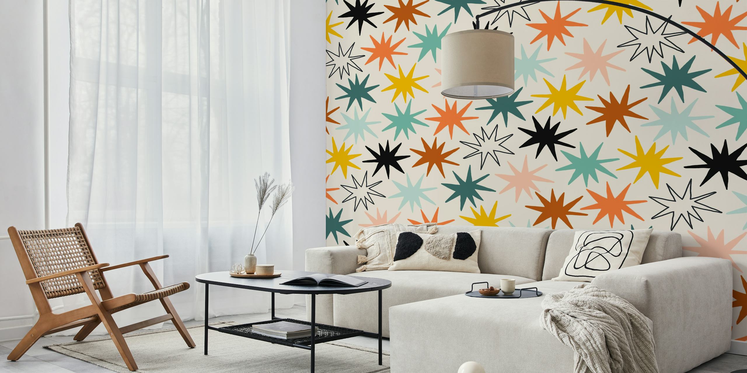 Colorful star pattern with teal, orange, yellow, and black shapes wallpaper