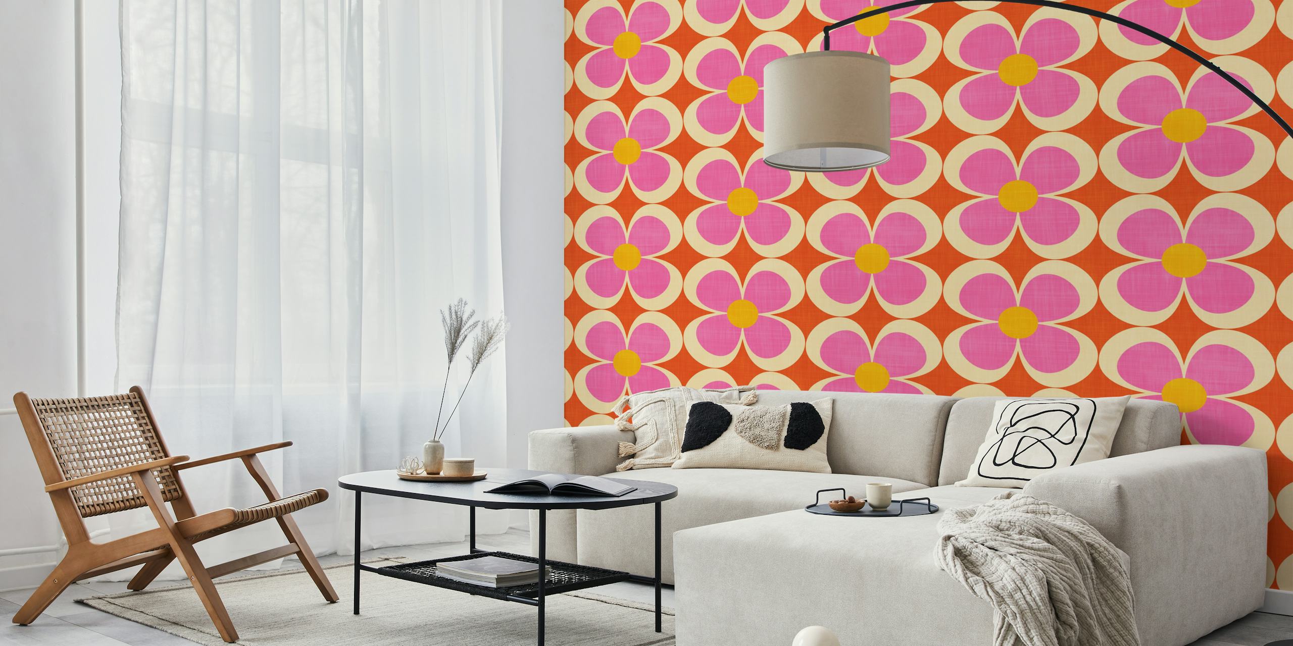 Vibrant geometric floral wallpaper in a room