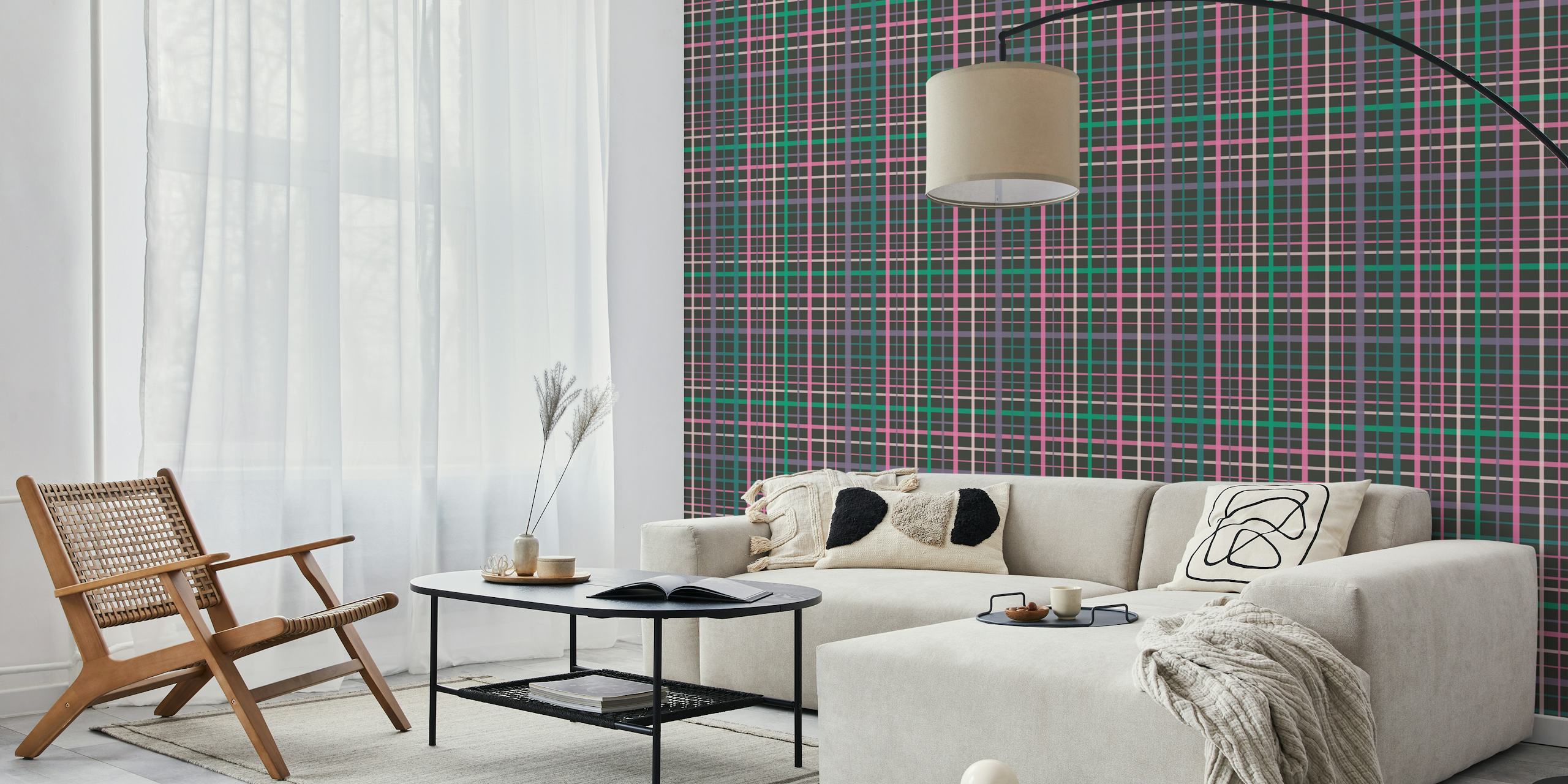Moderne Mitternachts-Gingham-Wandgemälde in Lila und Grün