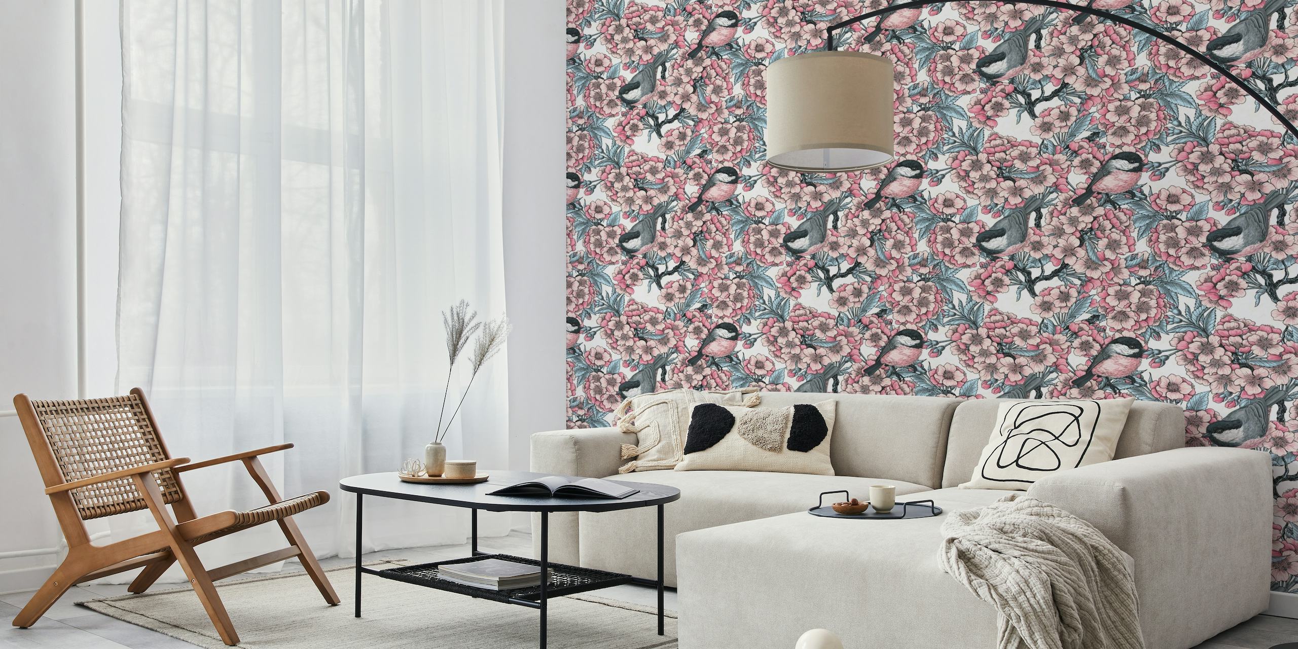 Cherry blossom and birds on white wallpaper