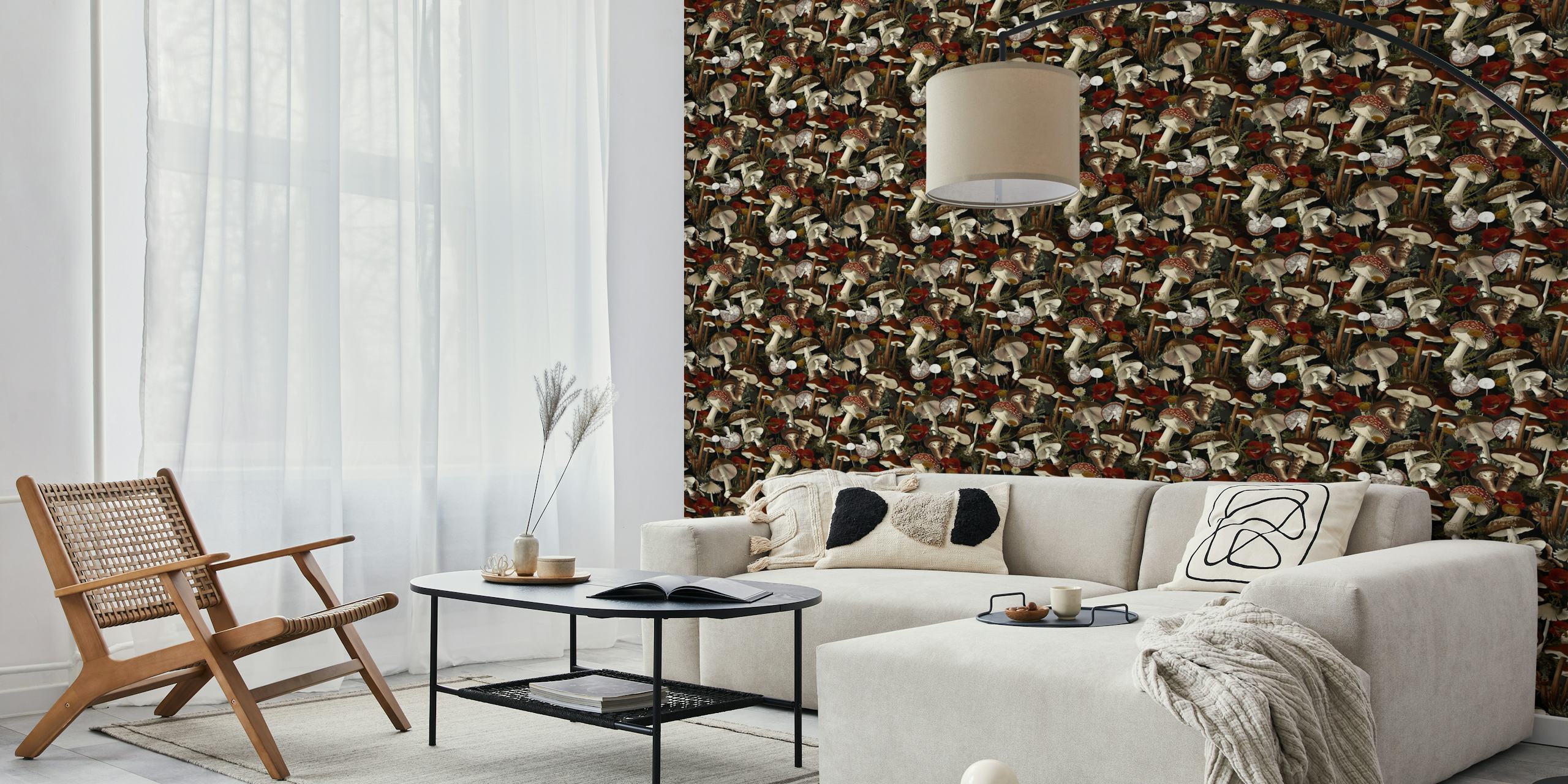 Mushroom and flower patterns in dark colors wallpaper