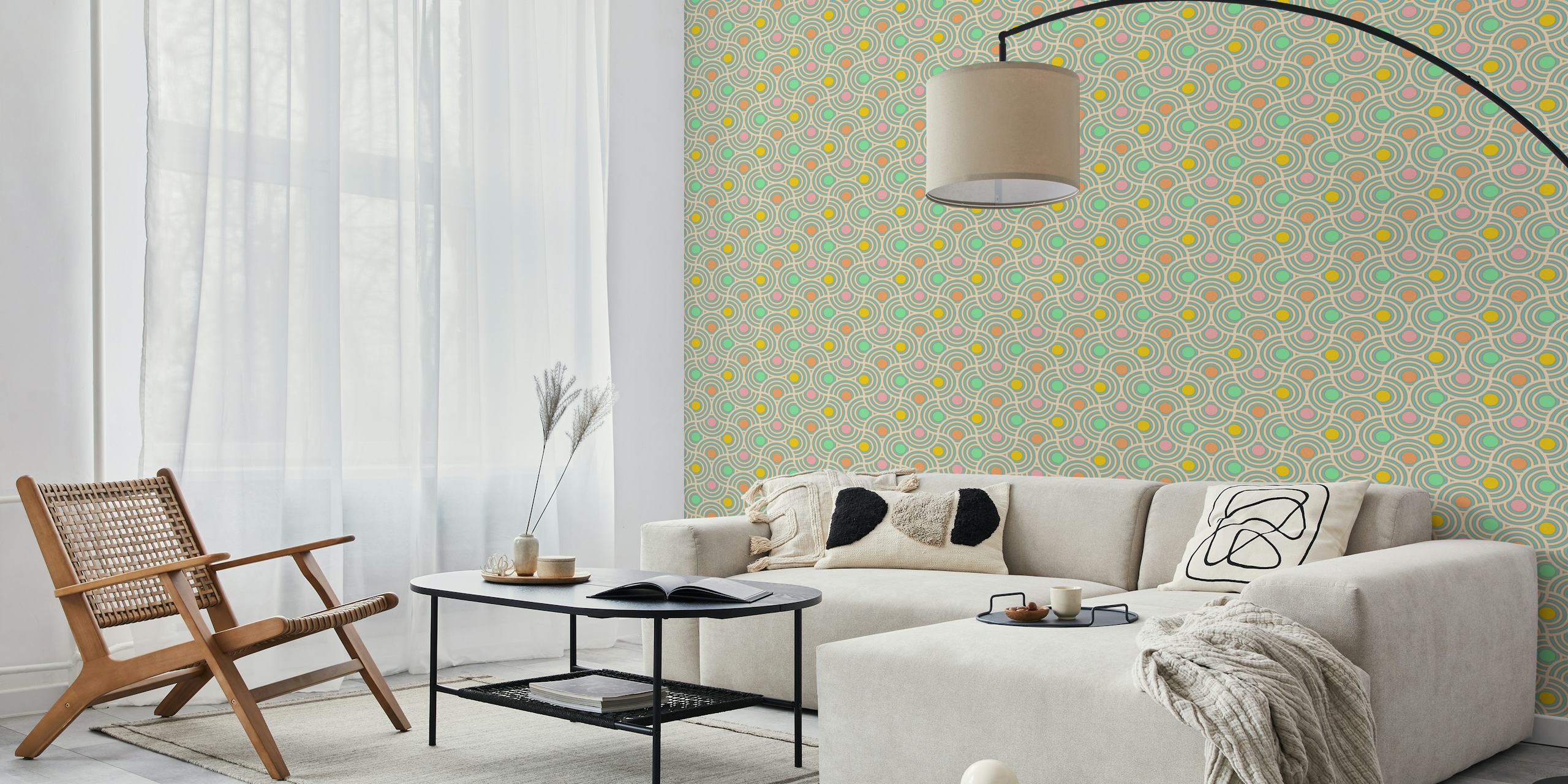 Fotomural con estampado de vieiras geométricas en colores pastel para decoración de interiores