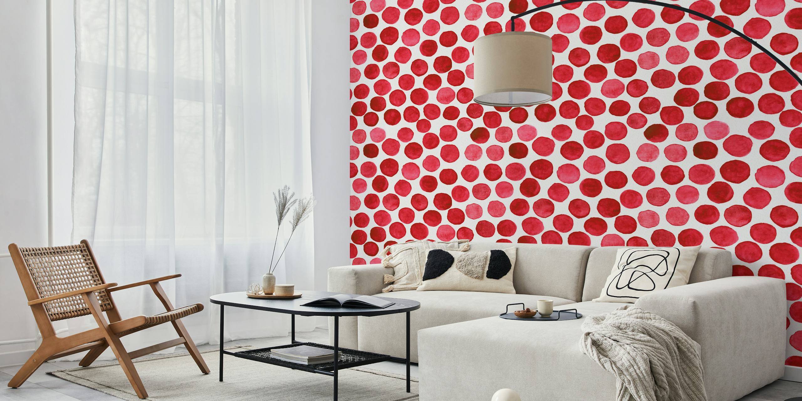 Red watercolor dot pattern wallpaper with various sized circles on a white background.