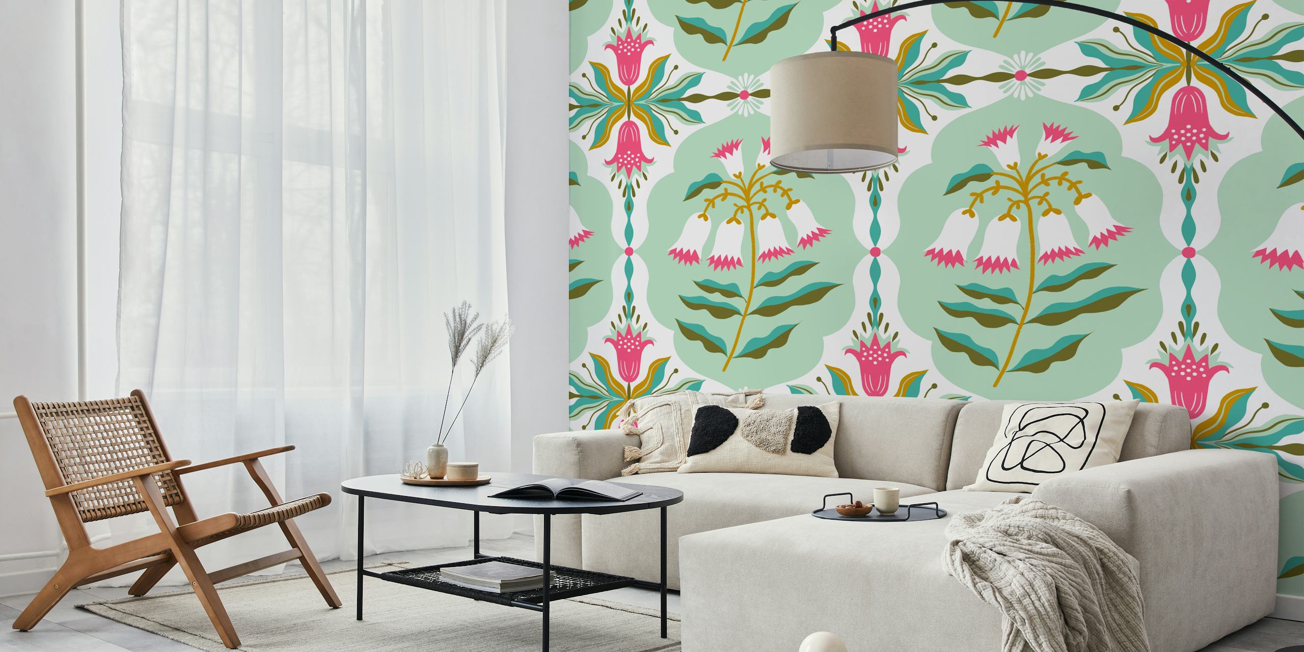Floral mint green wallpaper with pink and white flowers, damask style