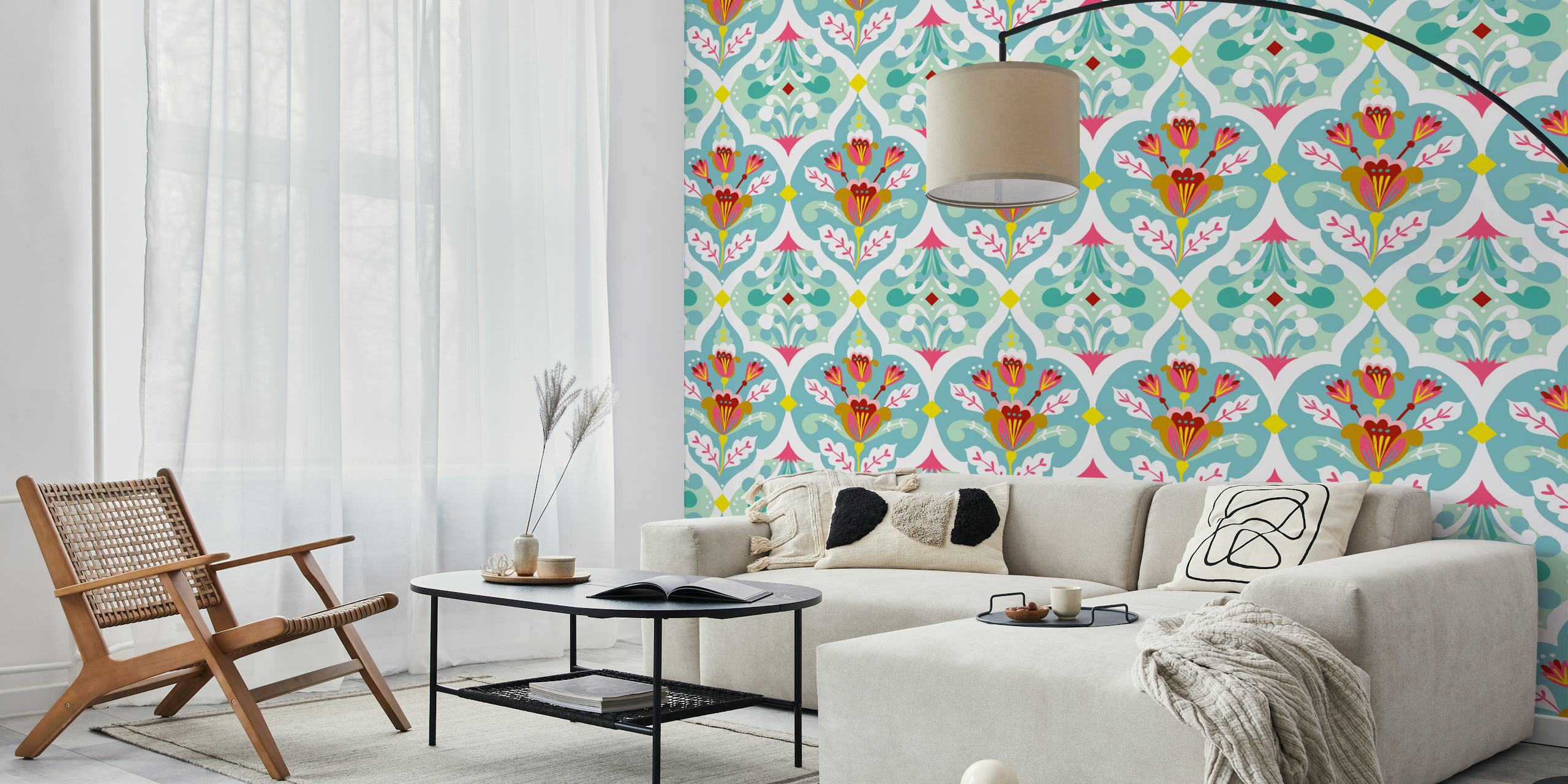 Elegante mural de pared floral damasco en tonos menta con vibrantes detalles florales