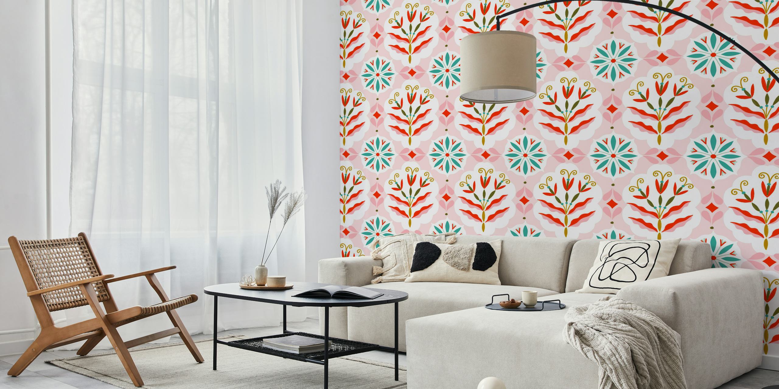 Floral damask wallpaper in pink, red, and teal colors featuring a cotton candy design.