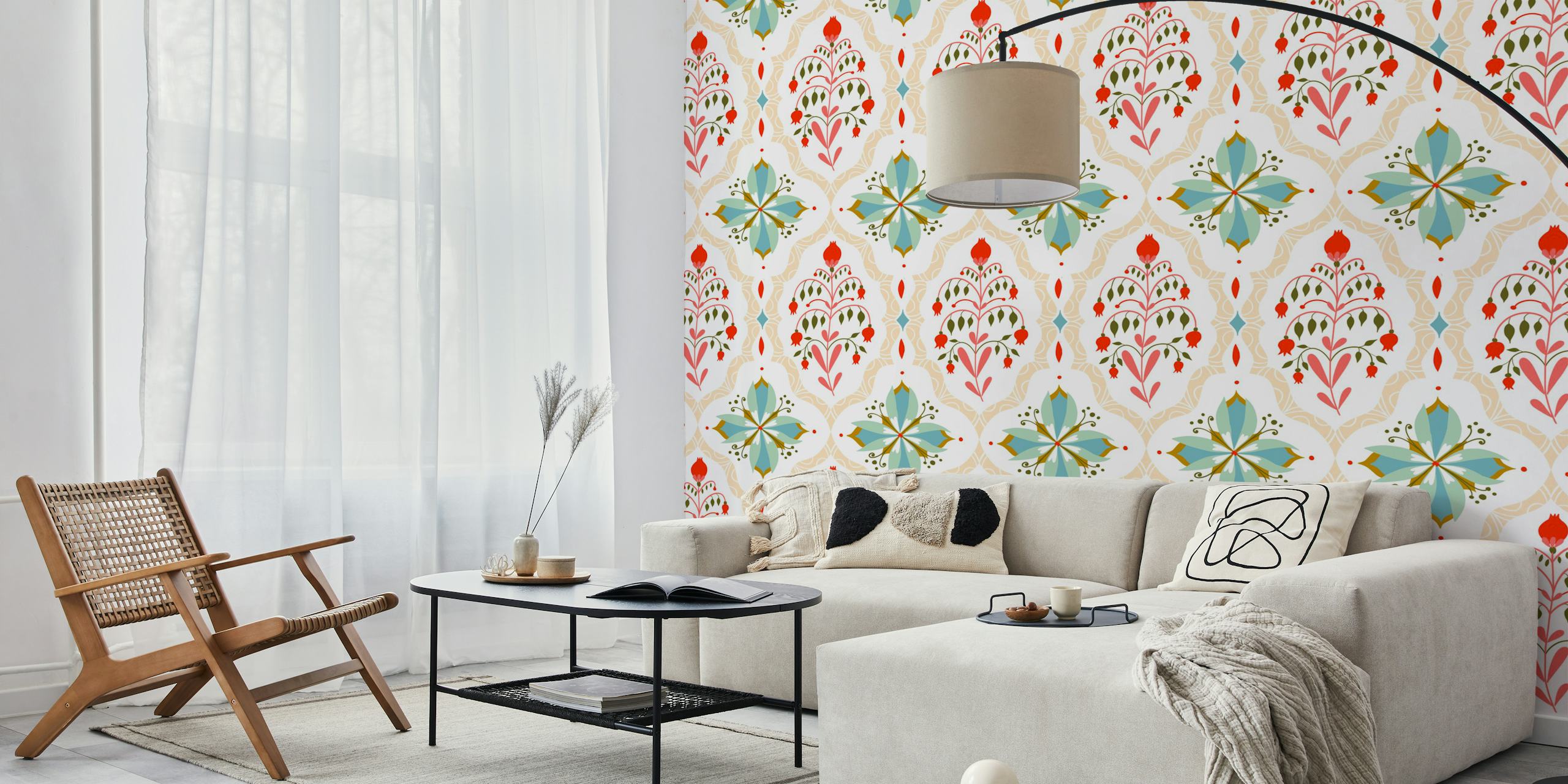 Colorful floral damask pattern wallpaper in shades of red and green