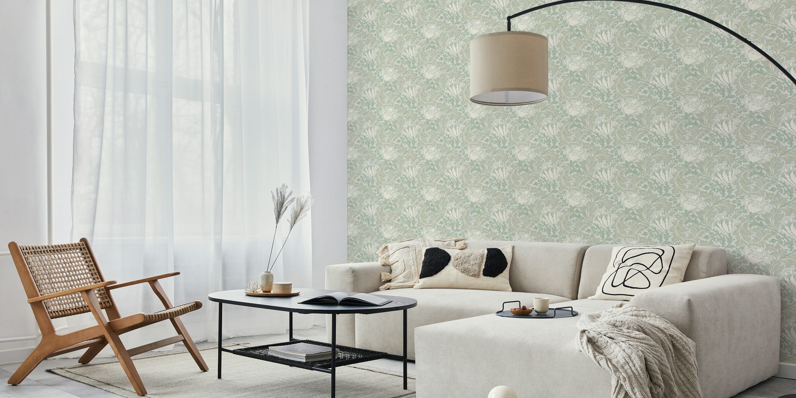 Floral design with pistachio green and cream leaves wallpaper