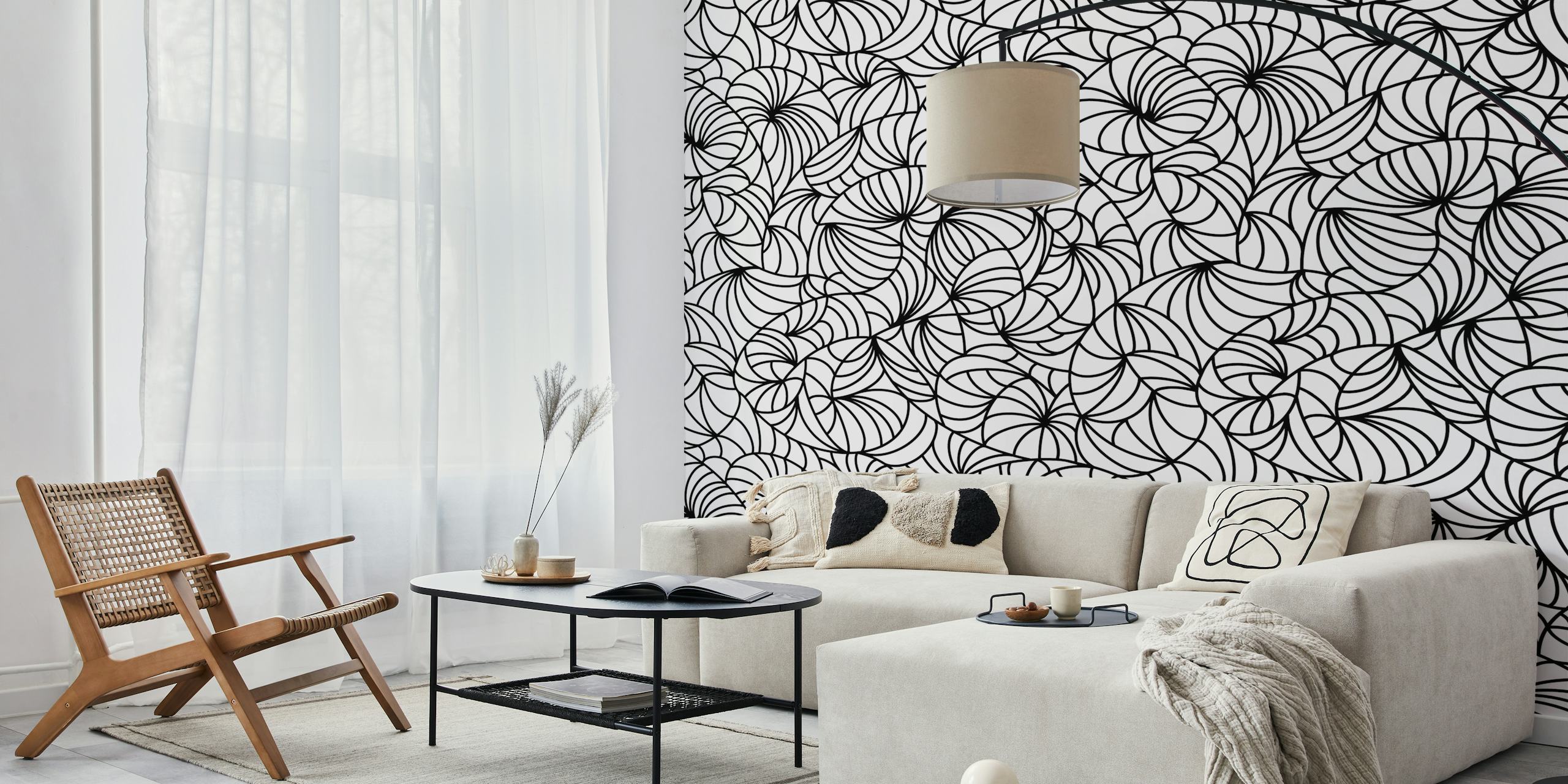 Motifs en doodles noirs sur fond blanc, style moderne wallpaper