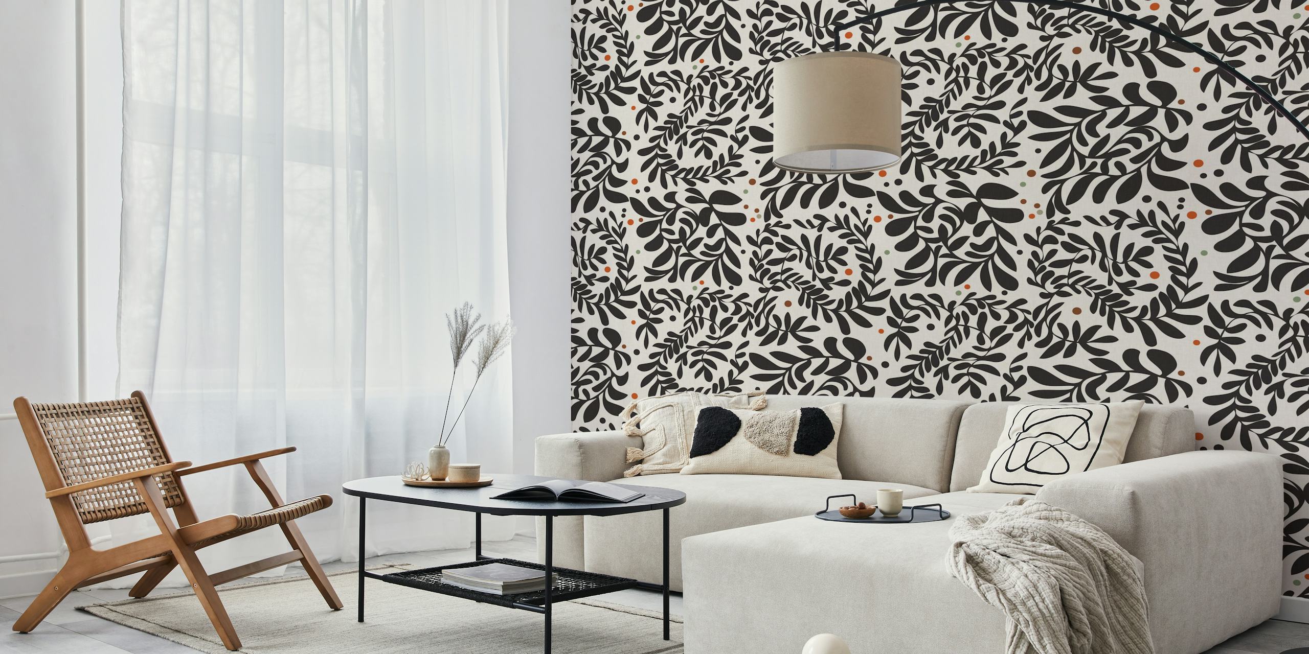Black and white swirly leaves wallpaper pattern