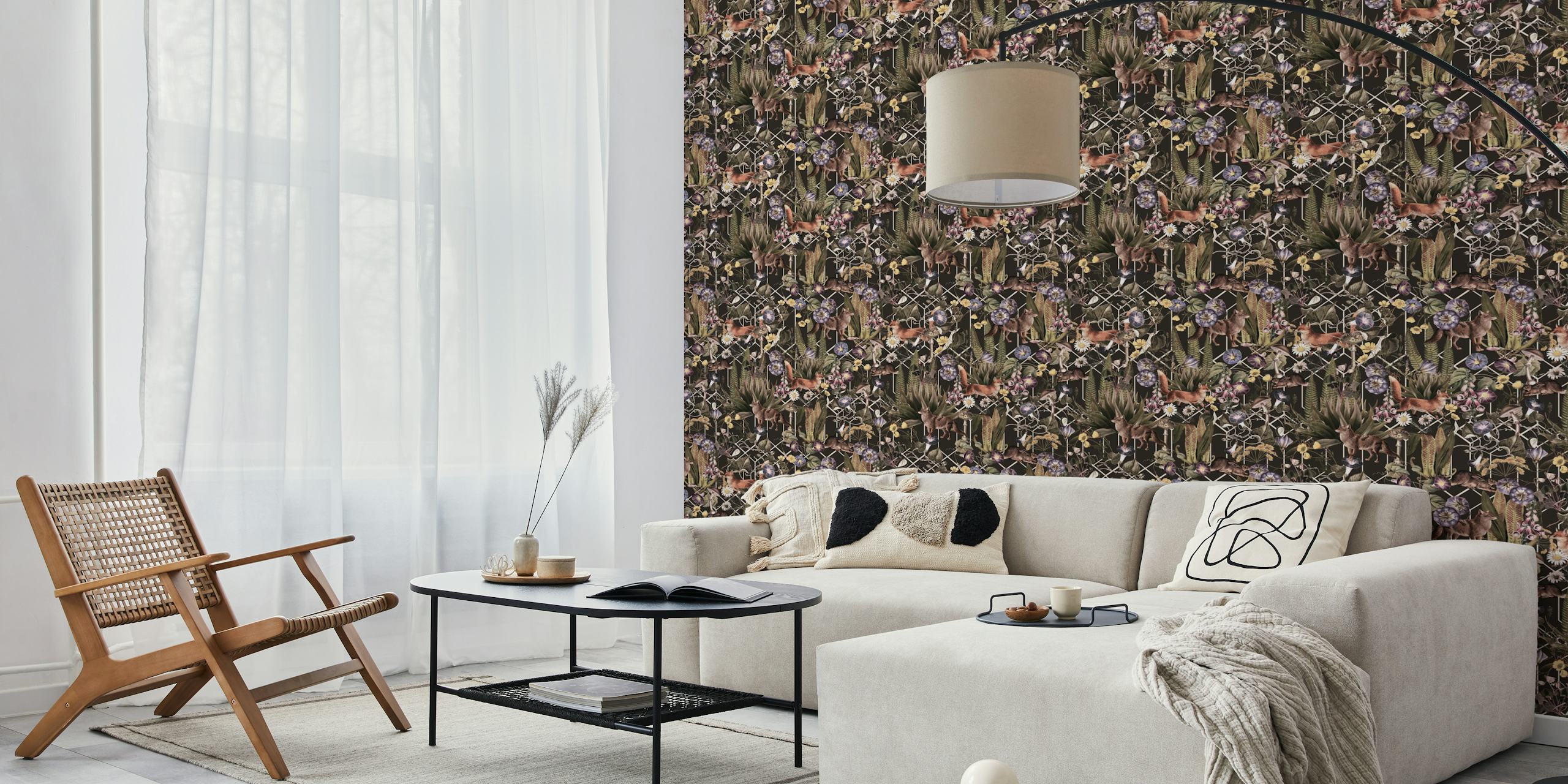 Vintage mystic animals and flower forest wallpaper