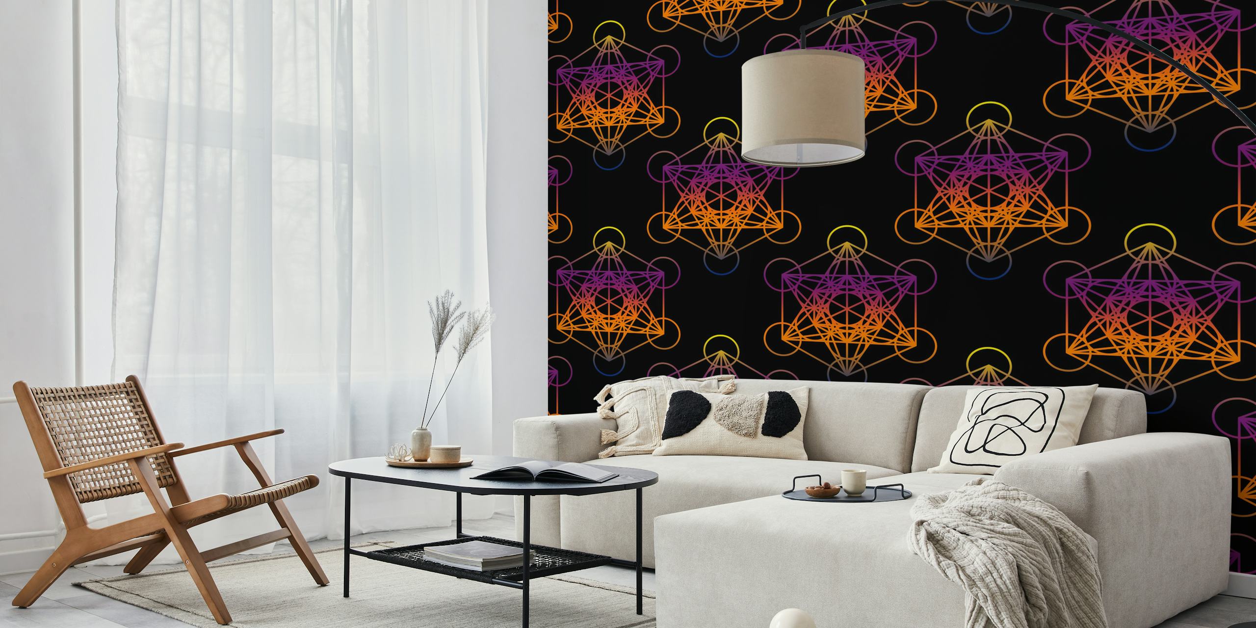 Geometric Metatron's Cube pattern in orange and black wallpaper