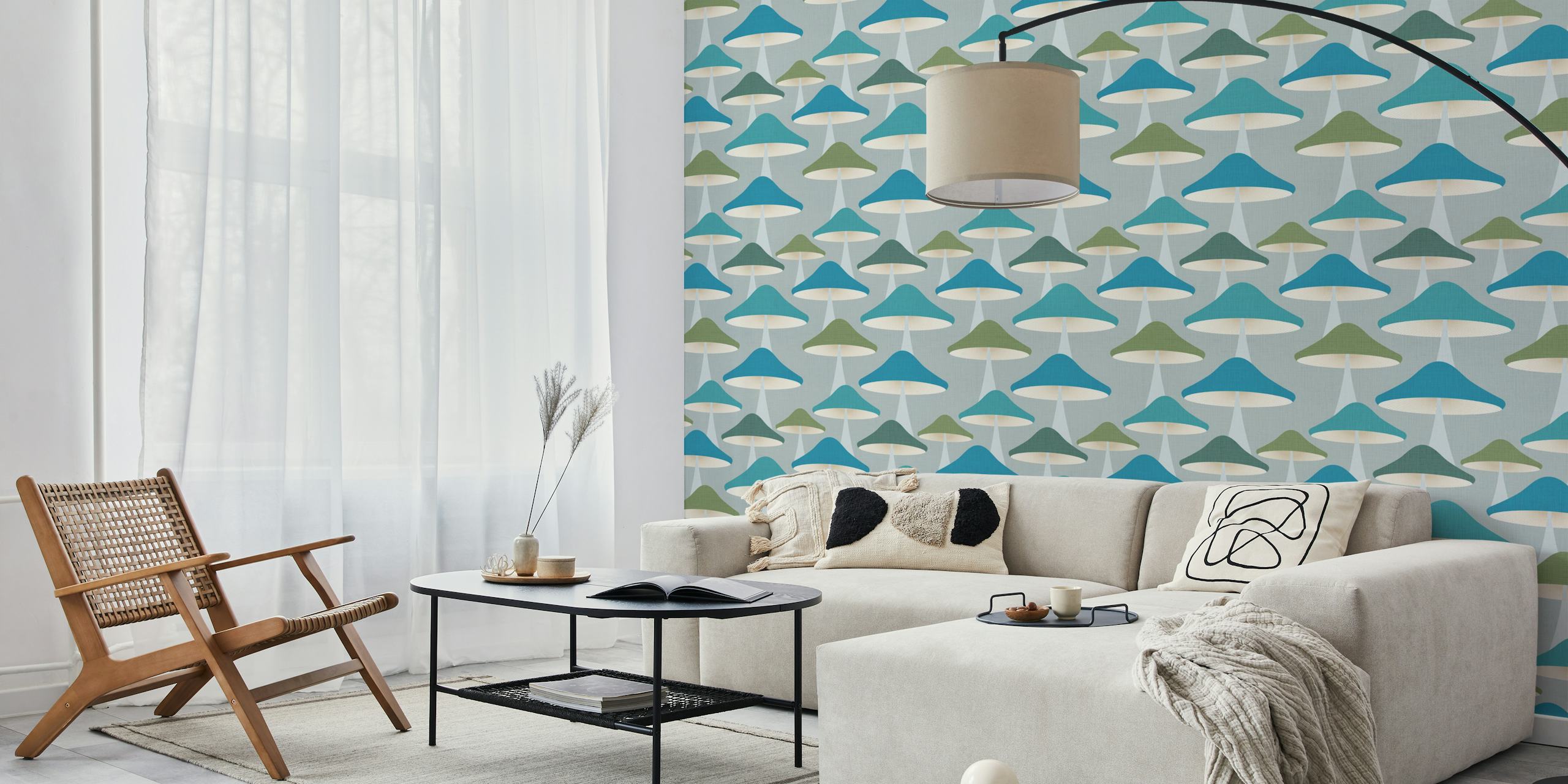 Retro mushroom wallpaper in blue and green pastels style