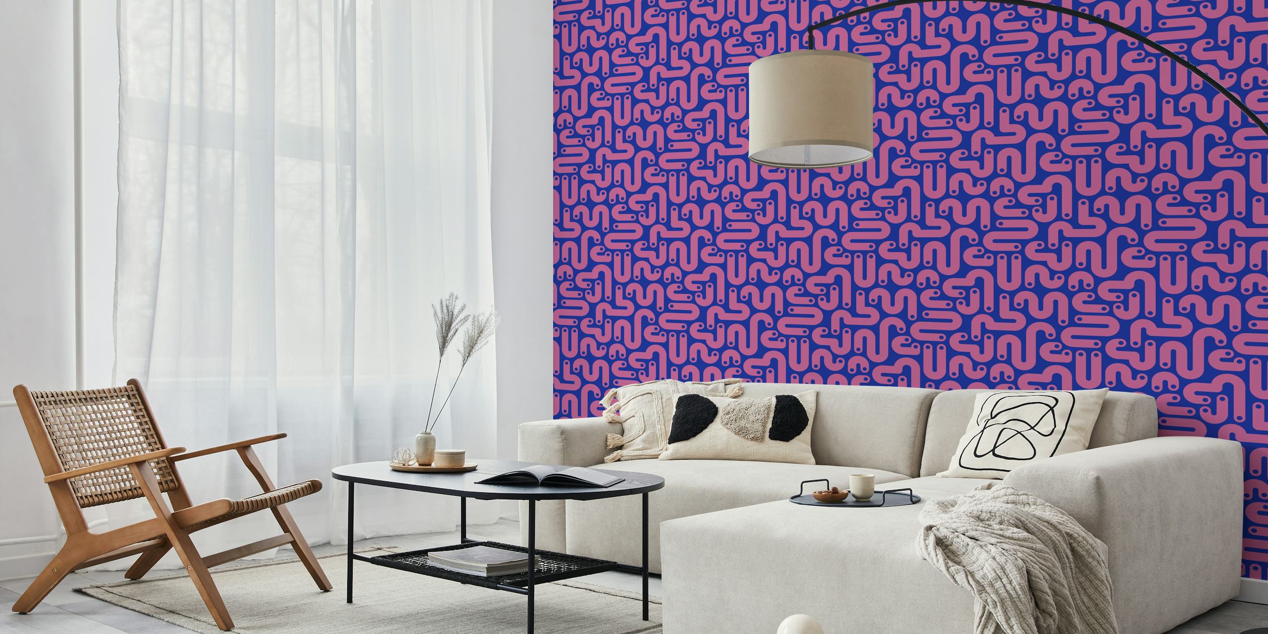 Curvy pink and blue abstract design wallpaper