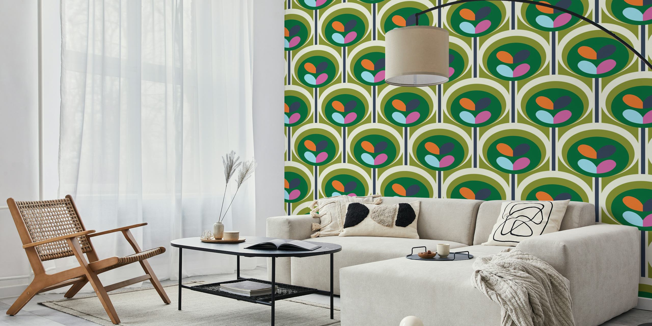Geometric pattern with colorful leaves in green and blue wallpaper