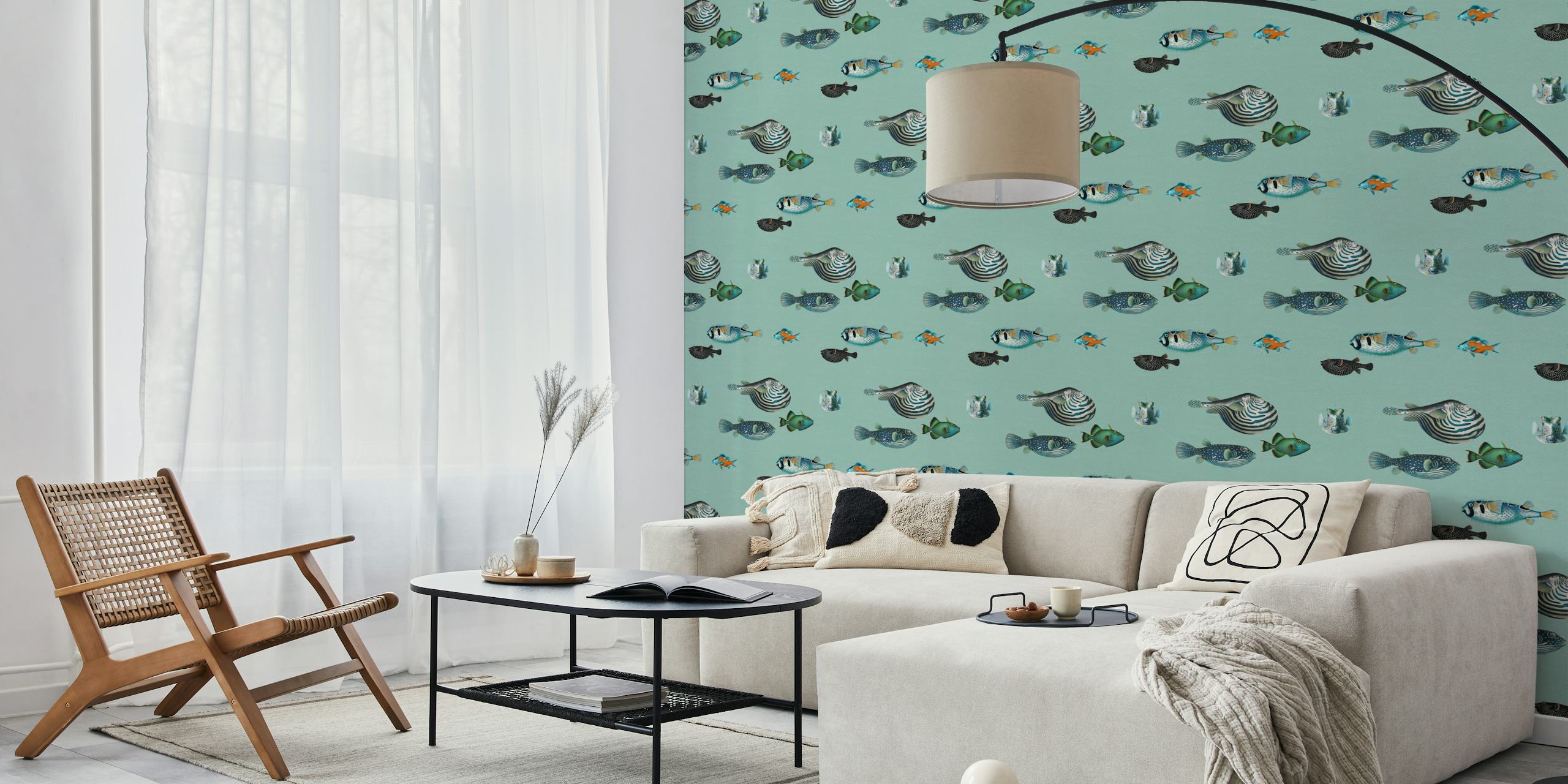 Acquario Fish Pattern wall mural with various fish illustrations on duck egg blue background