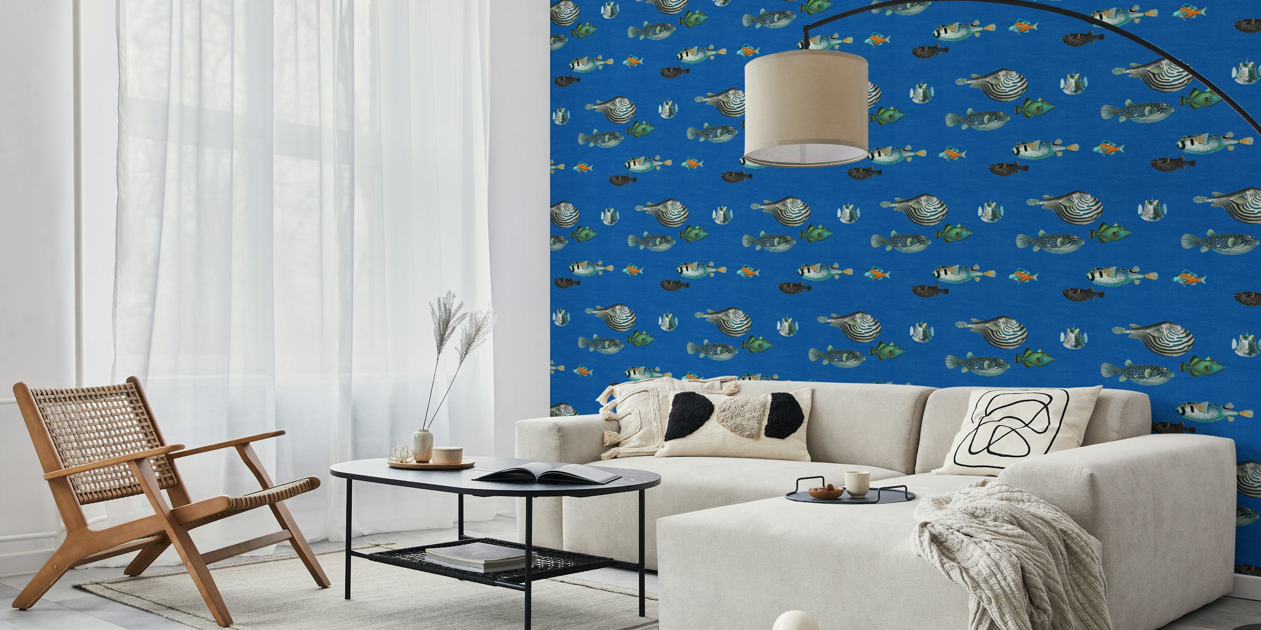 Cobalt blue wallpaper with colorful fish pattern