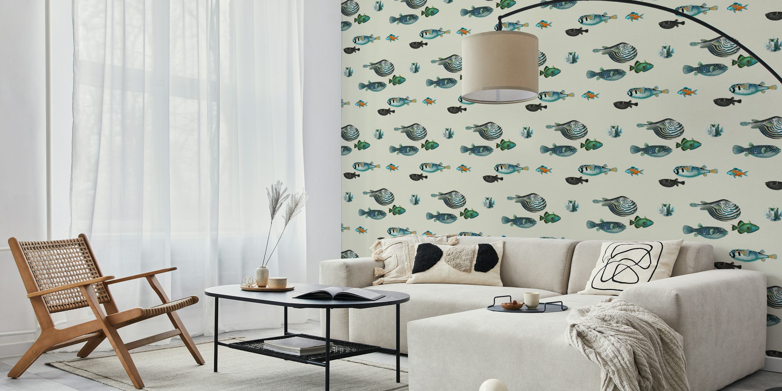 Acquario Fish Pattern zidna slika krem boje s ilustracijama riba u pastelnim bojama