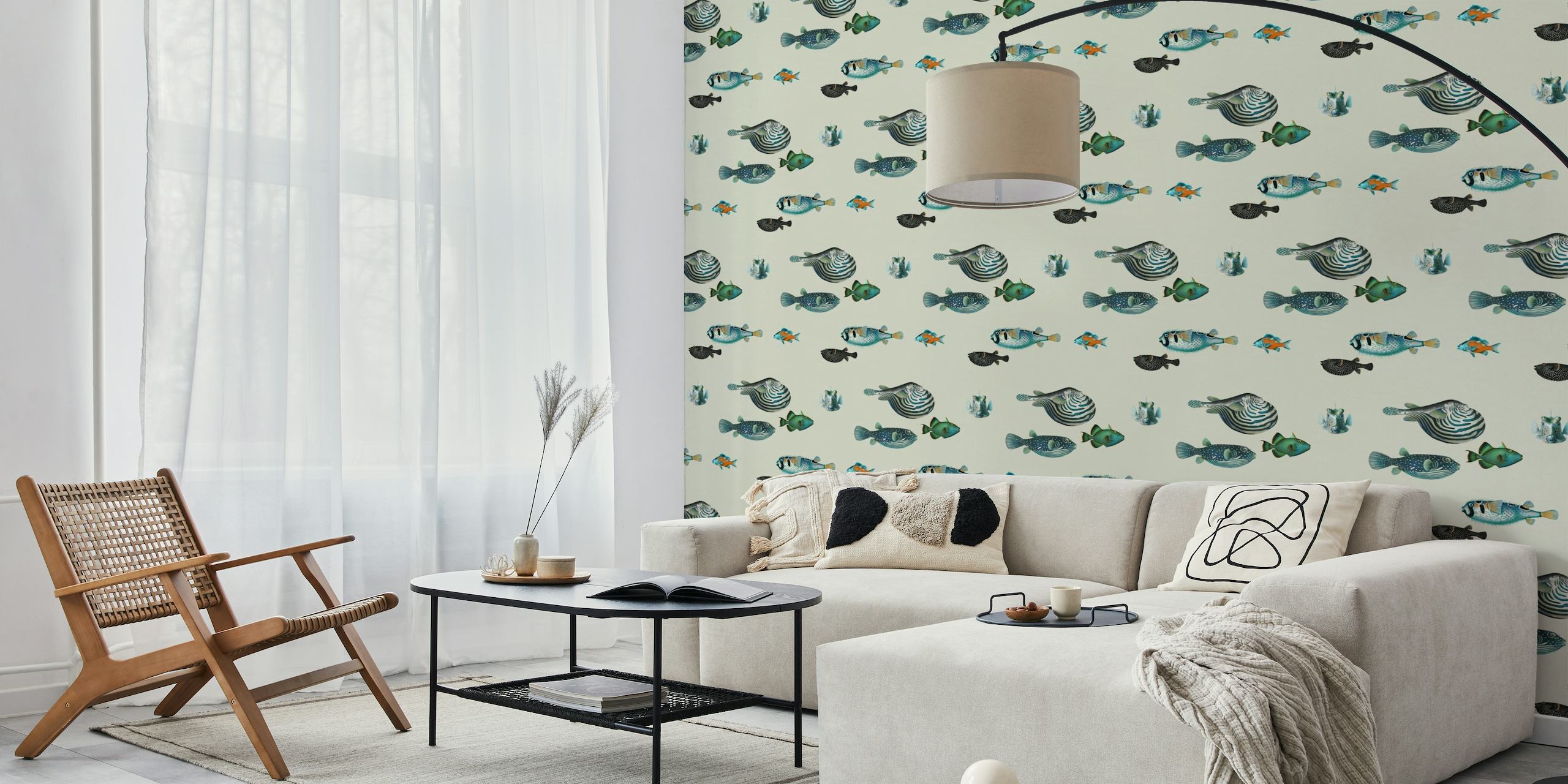 Acquario Fish Pattern wall mural in cream with pastel-colored fish illustrations