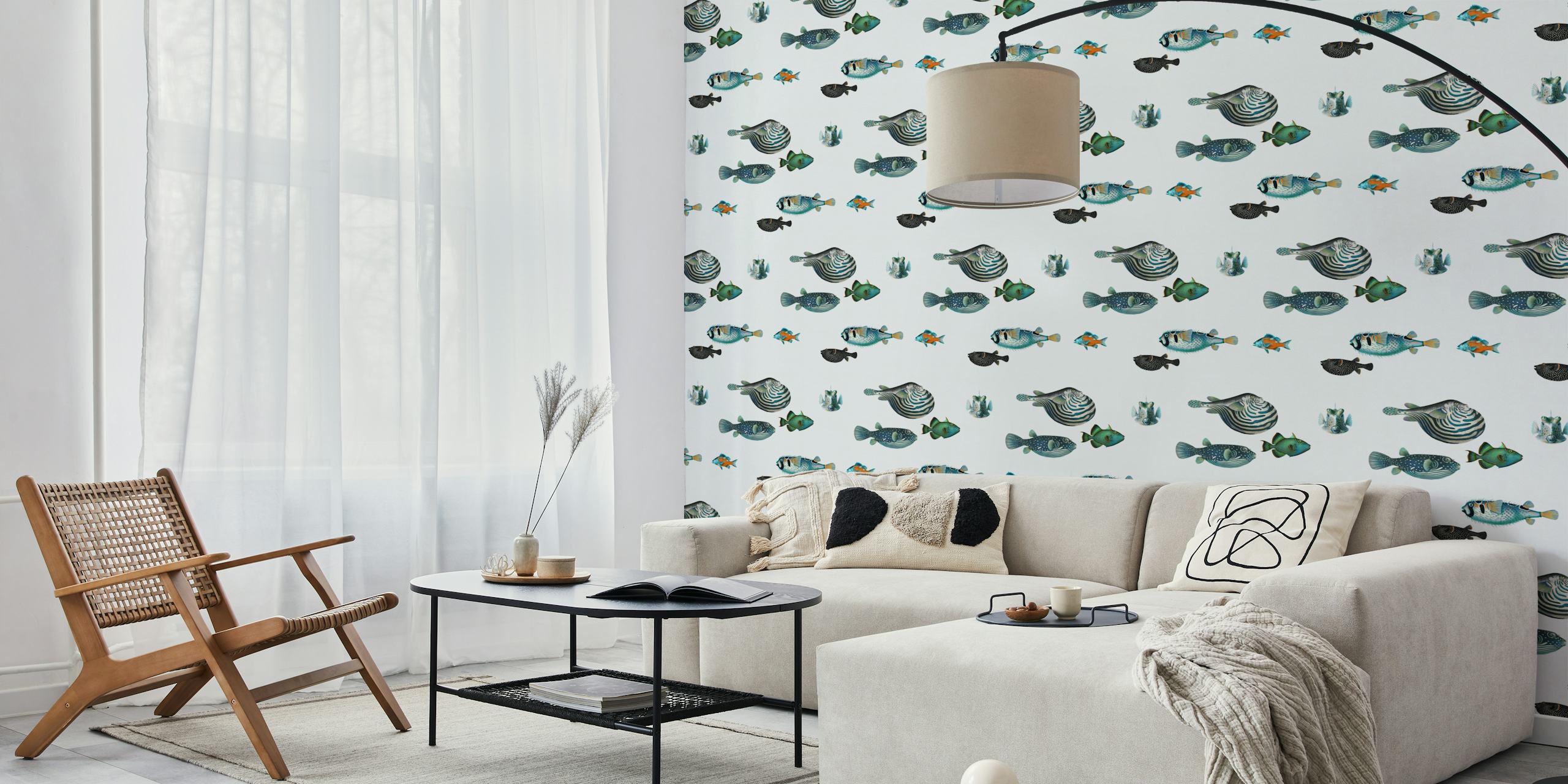 Colorful aquatic fish on a light gray background wallpaper