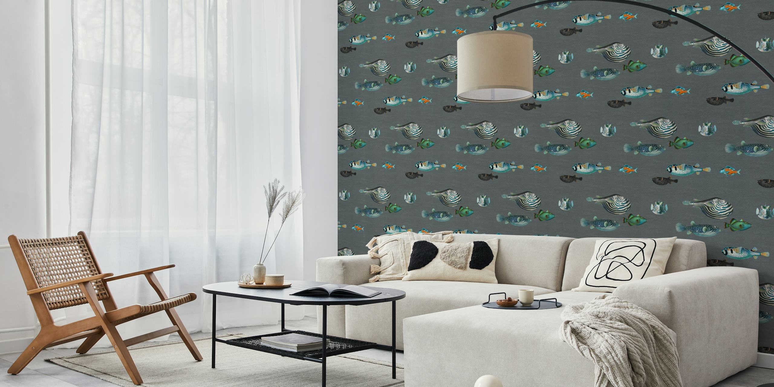 Aquatic fish pattern wallpaper i mørkegrå