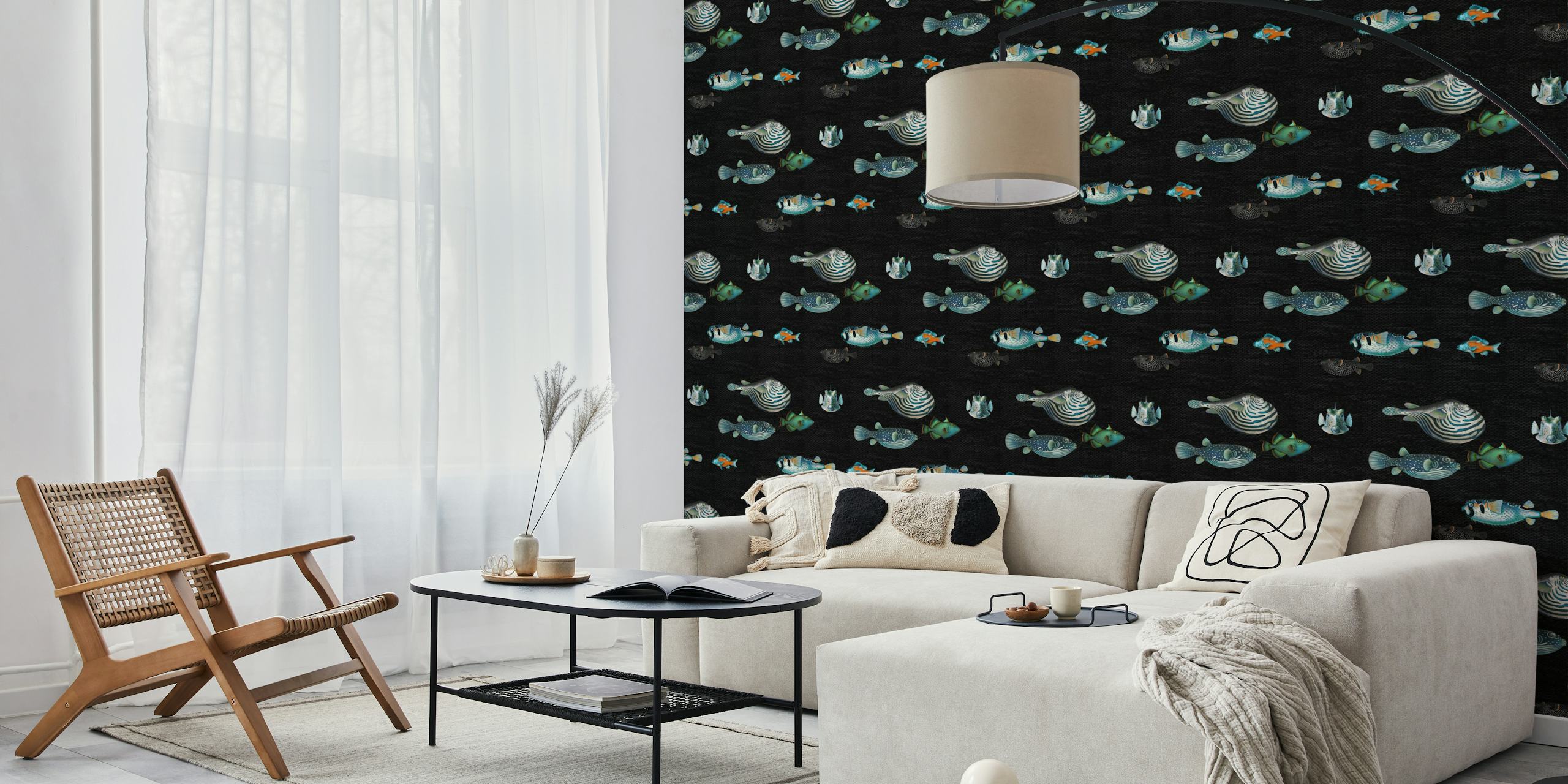 Colorful fish pattern on black background wallpaper