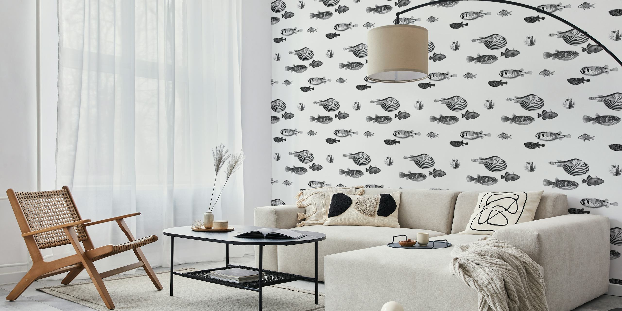 Black and white Acquario Fish pattern wall mural with various species