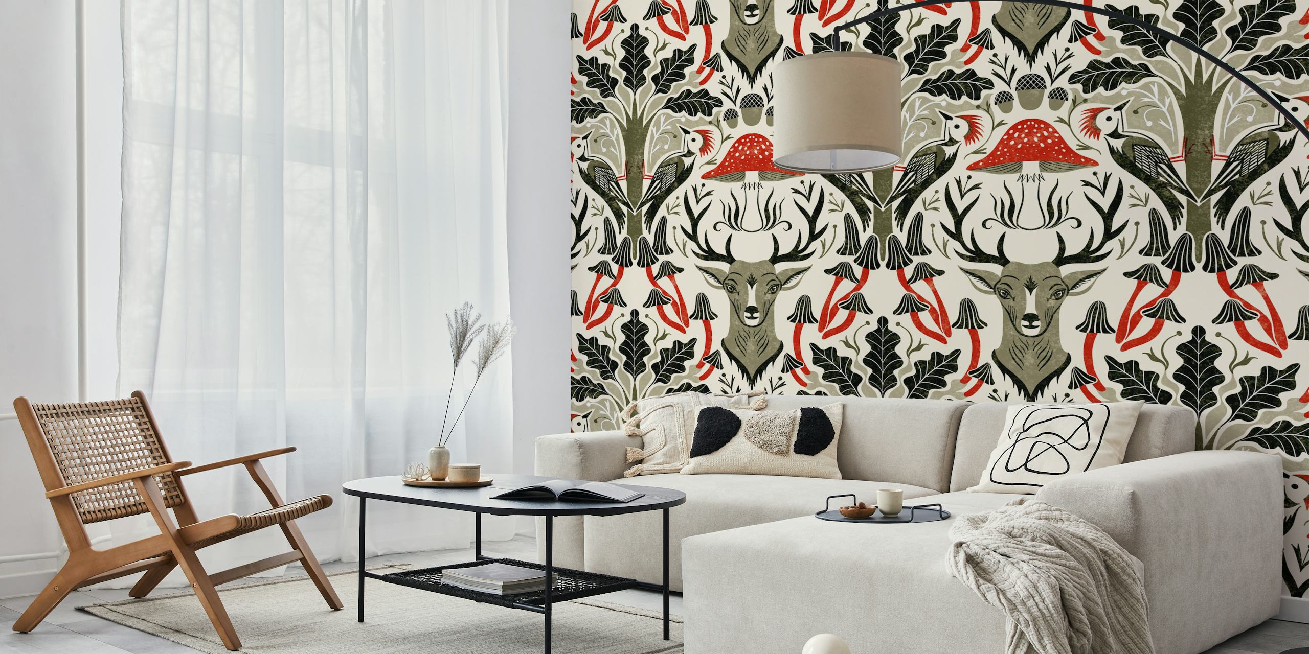 Woodpecker, deer, and oak tree pattern in earthy tones wallpaper