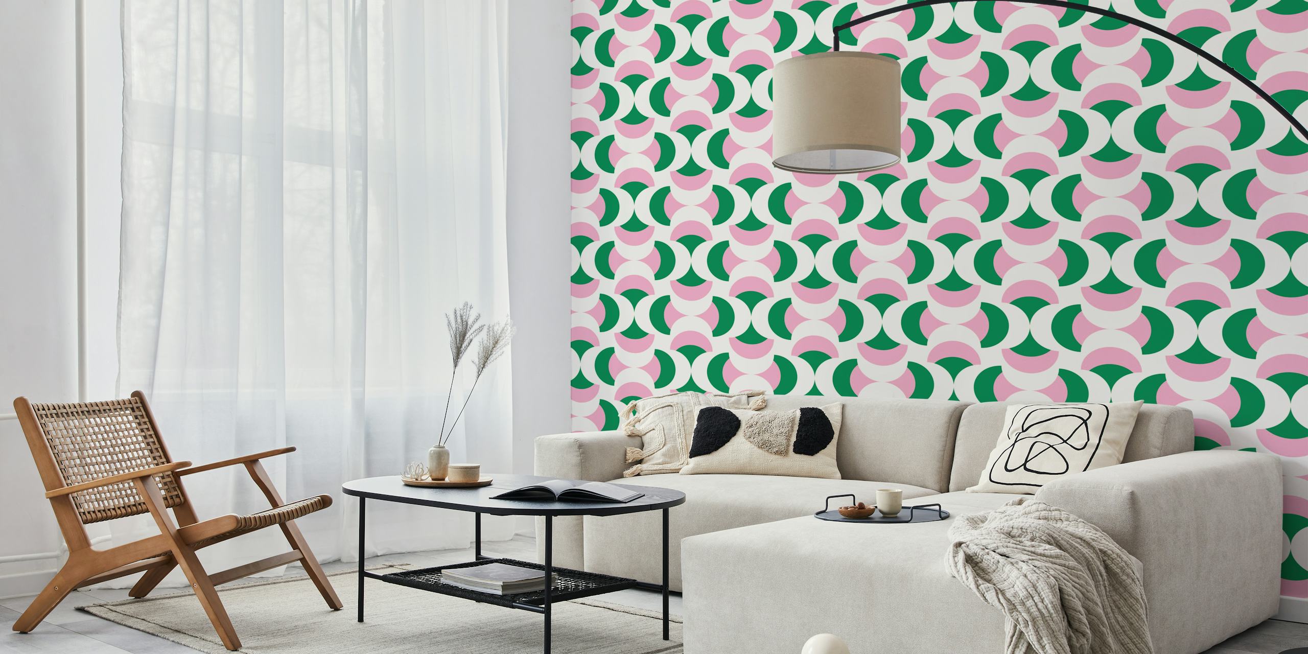 Green pink retro abstract wallpaper σε ένα δωμάτιο