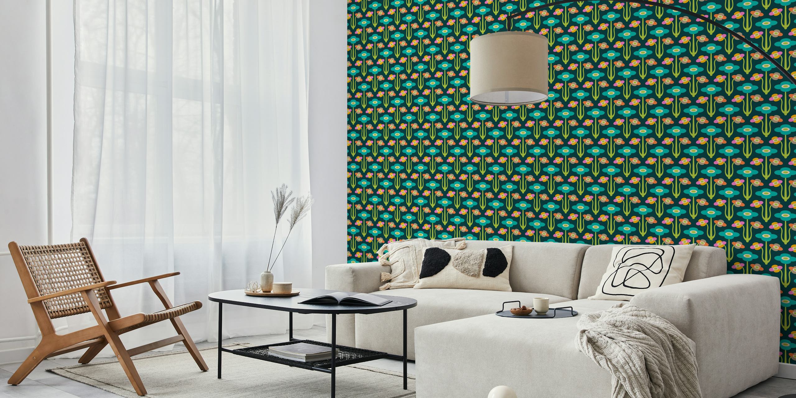 Yvette Mid-Century Scandi Retro Floral Bright Σχέδιο Σε Ένα Δωμάτιο