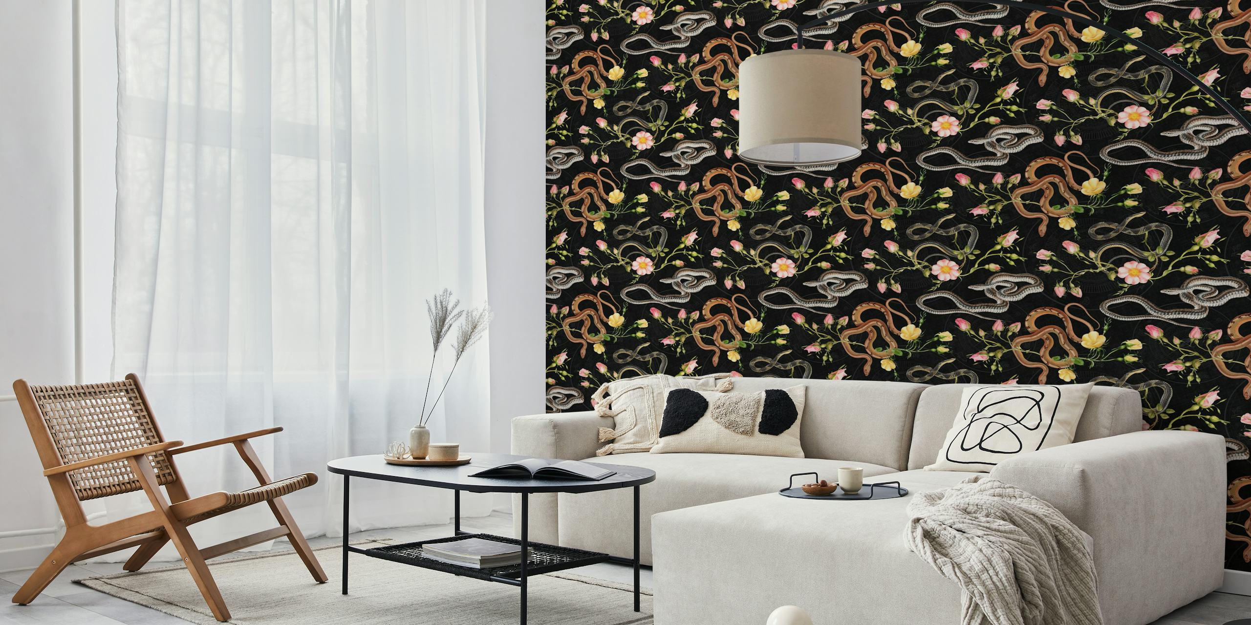 Snakes and roses wall mural with Chinese calendar elements on a black background
