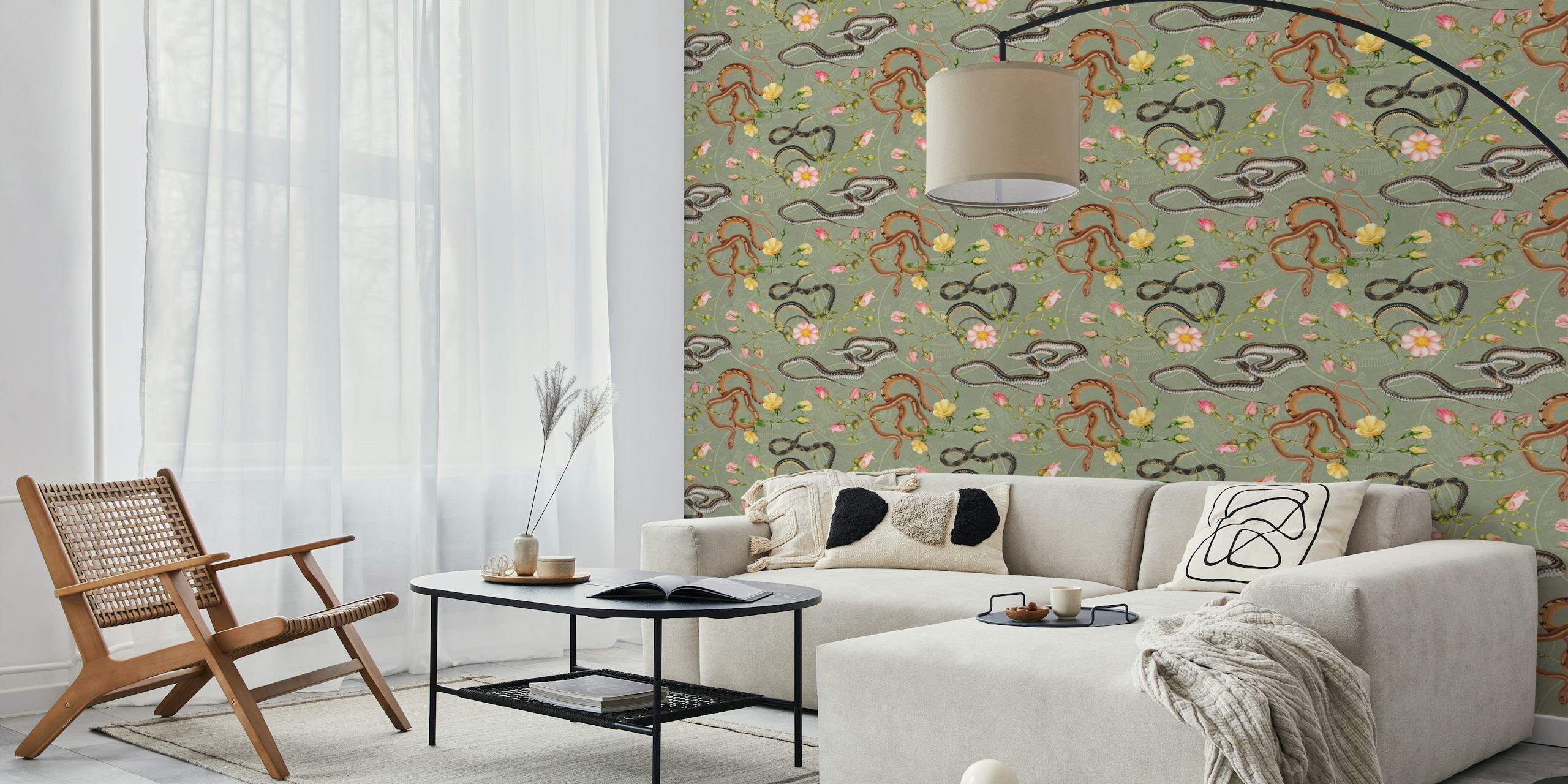 Sage green wallpaper with snake and floral patterns featuring pink roses and yellow flowers