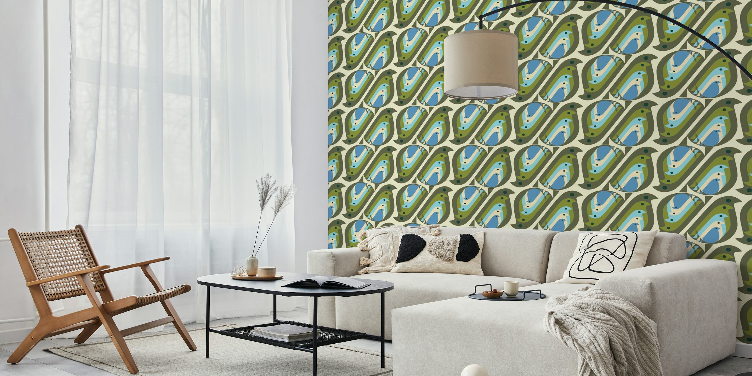 Colorful birds in blue and green patterns on cream wallpaper