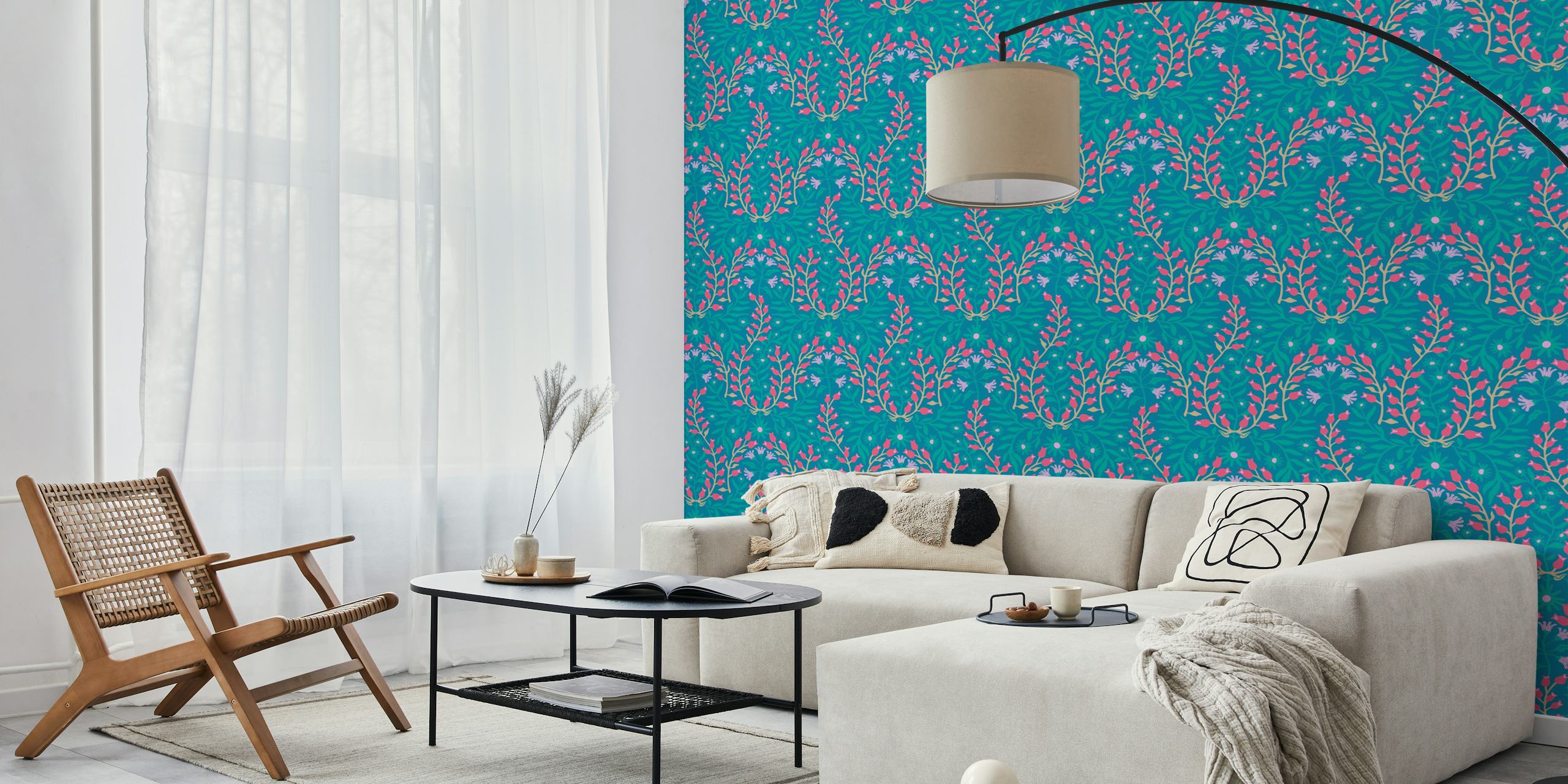 Blue floral wallpaper in a room