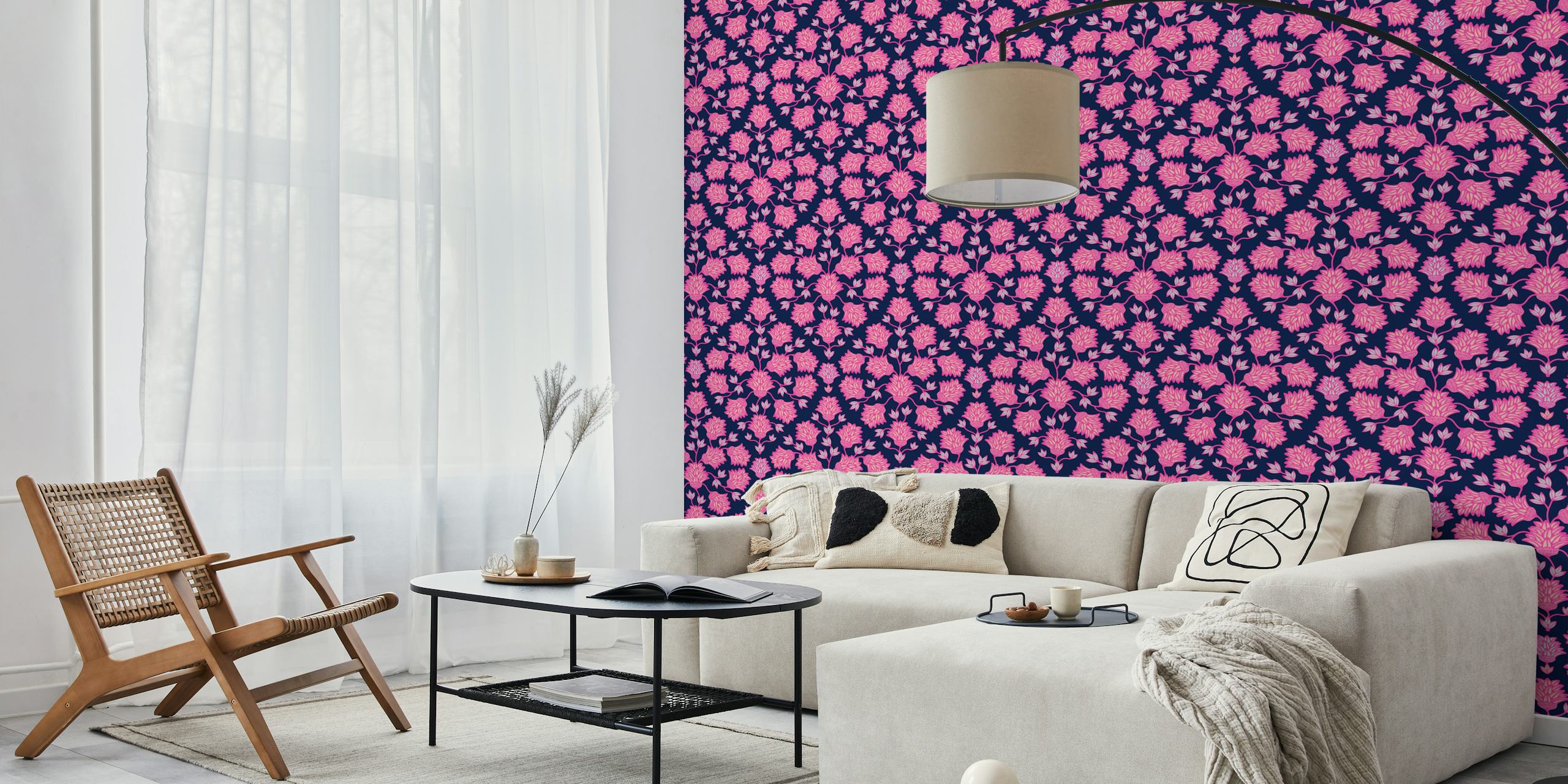 Pink floral damask design on dark blue background wallpaper