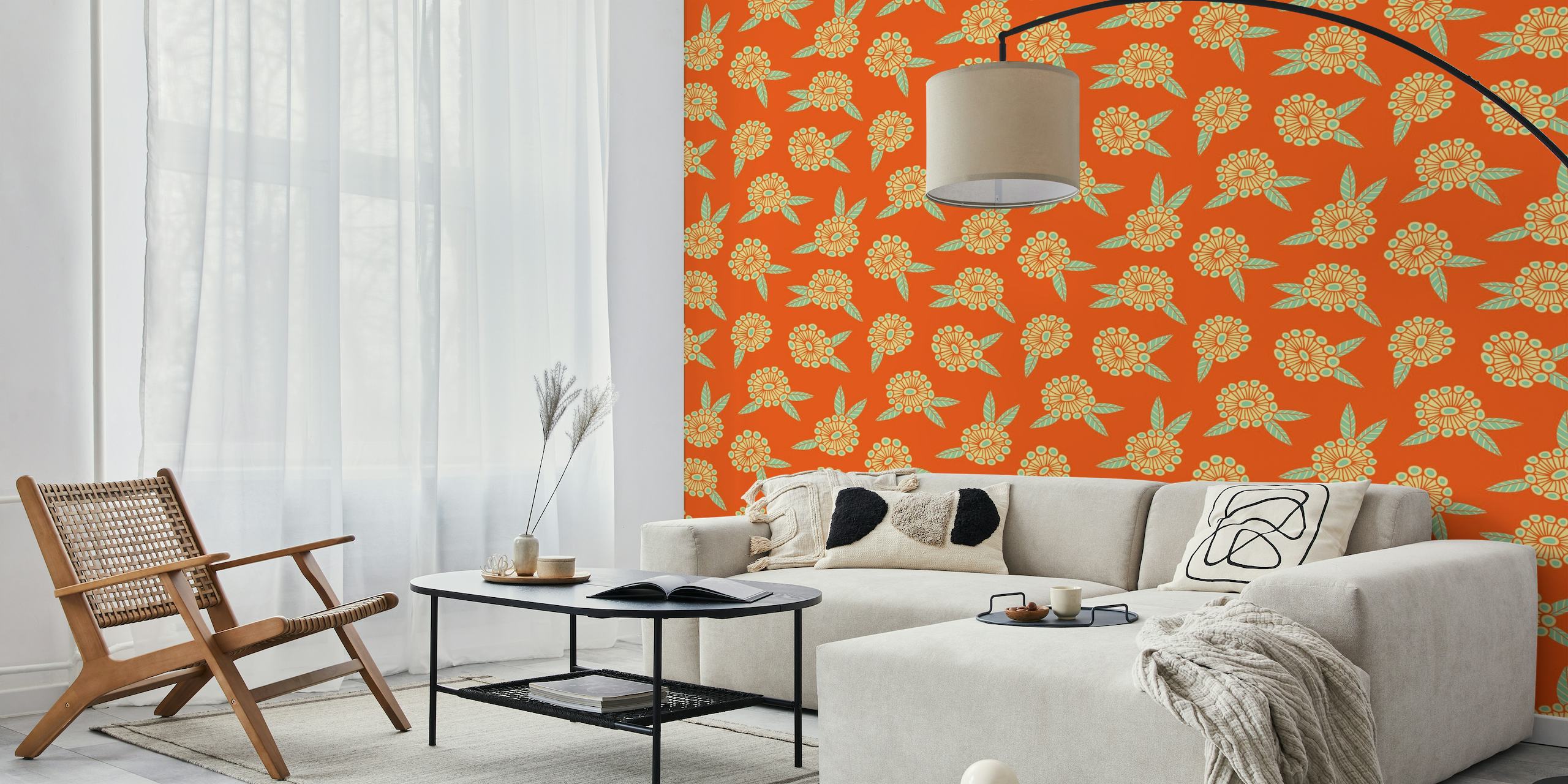 Varmt og solrigt retro blomstermønster på et lys orange baggrundsvægmaleri