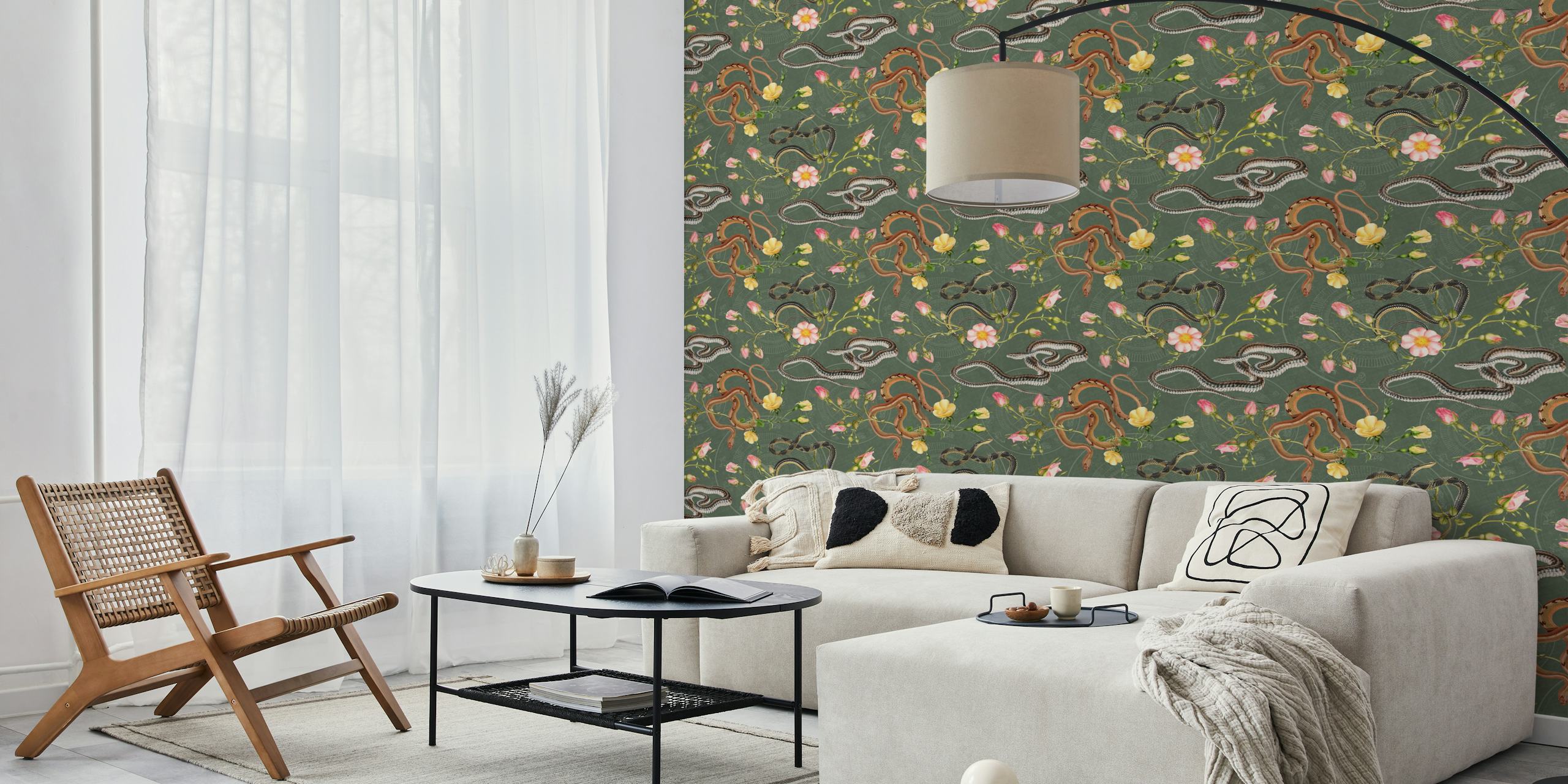 Mural de parede verde oliva com cobras, rosas e elementos do calendário chinês