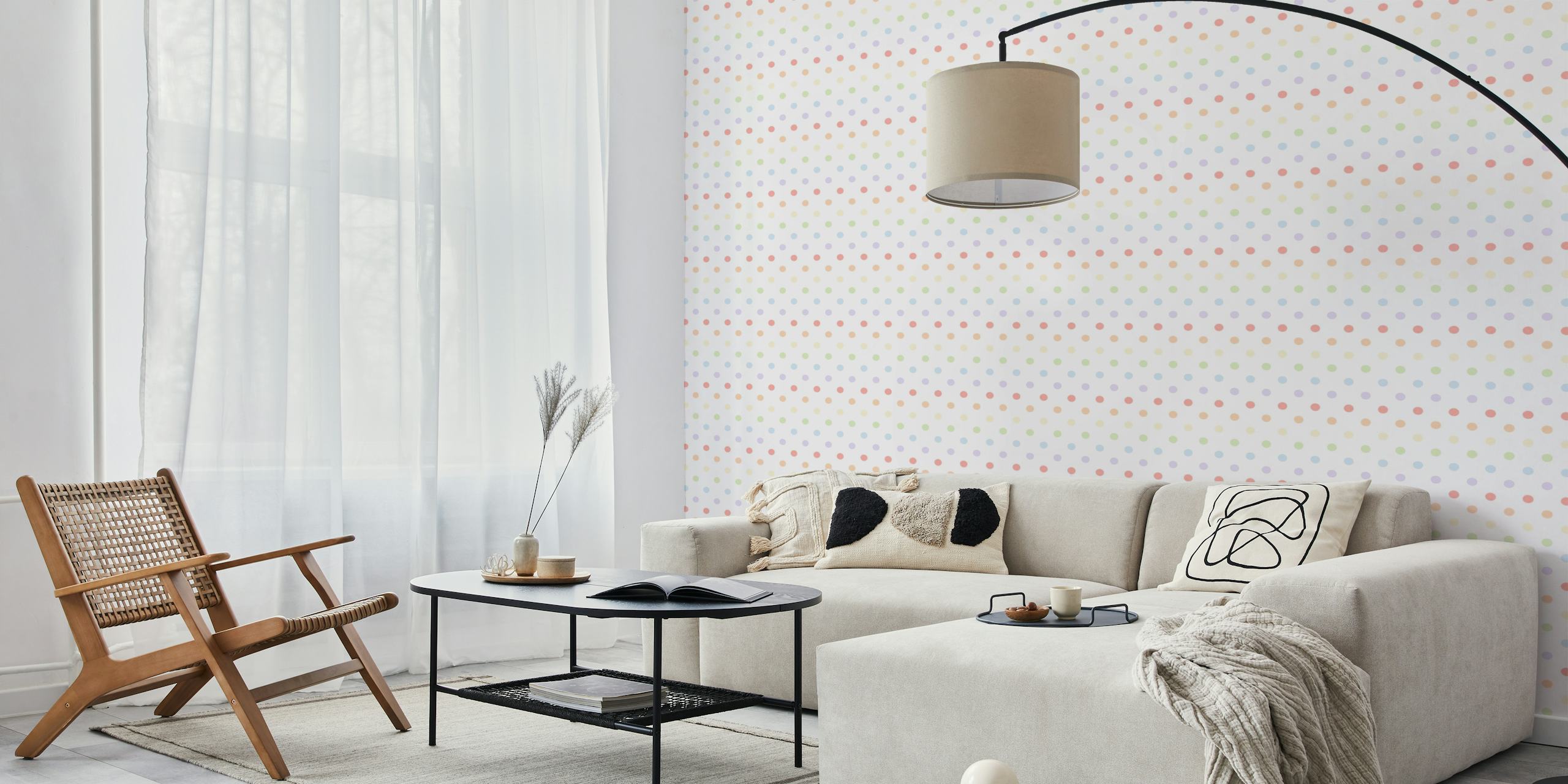 Pastel rainbow dots in soft colors on white background wallpaper