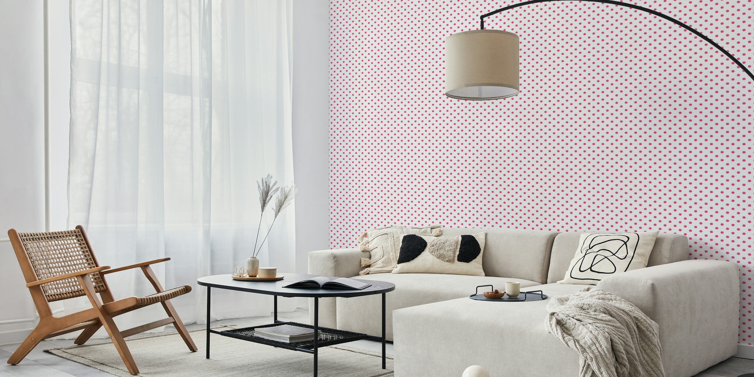 White wallpaper with bright pink dots in a repeating pattern