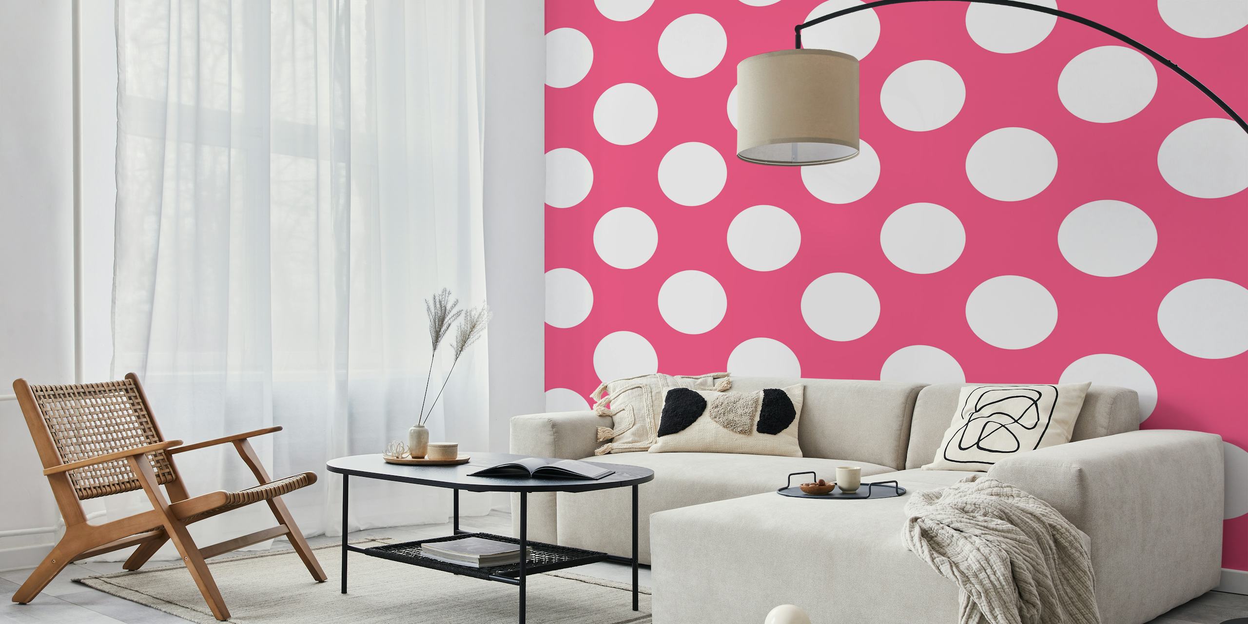 Hot pink polka dot wallpaper on a white background for a vibrant room decor