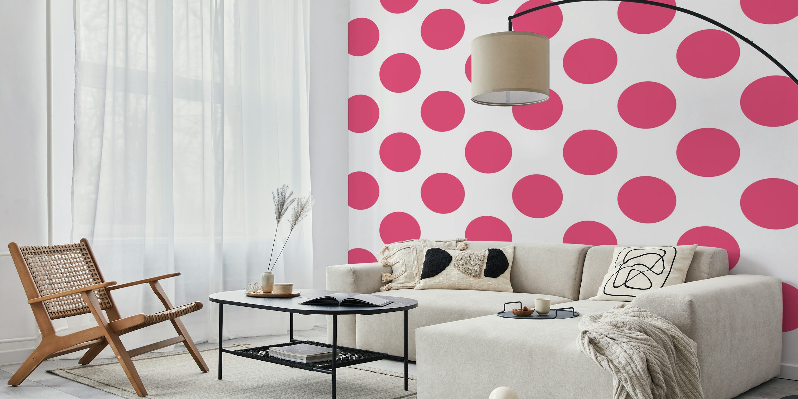 Hot pink polka dots on a white background wallpaper