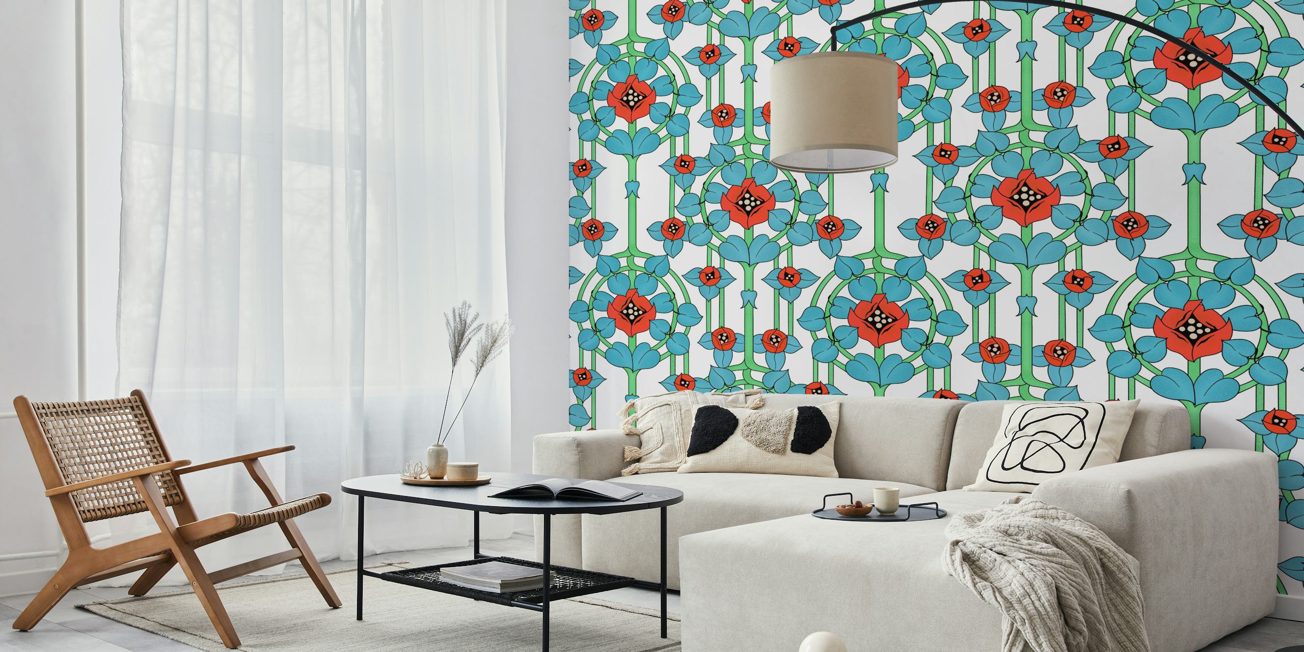 Art Nouveau style roses in turquoise and red on wall mural