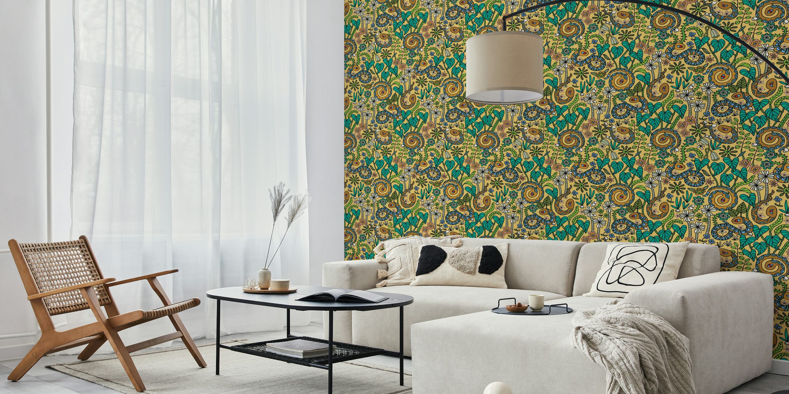 Yellow snakes and floral patterns in retro style wallpaper