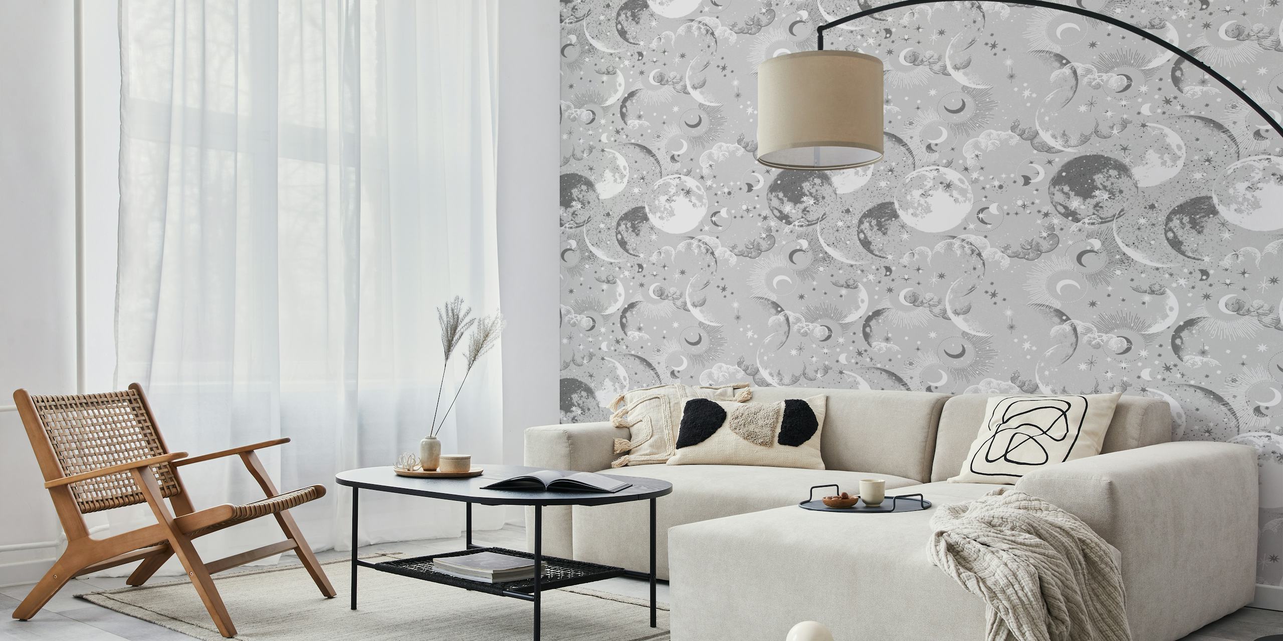 Celestial design with moons, stars, and clouds in grey and silver wallpaper