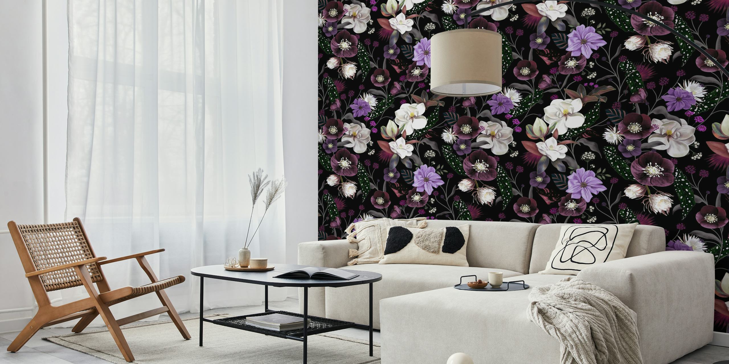 Black floral wallpaper featuring orchids and purple flowers with delicate leaves and stems