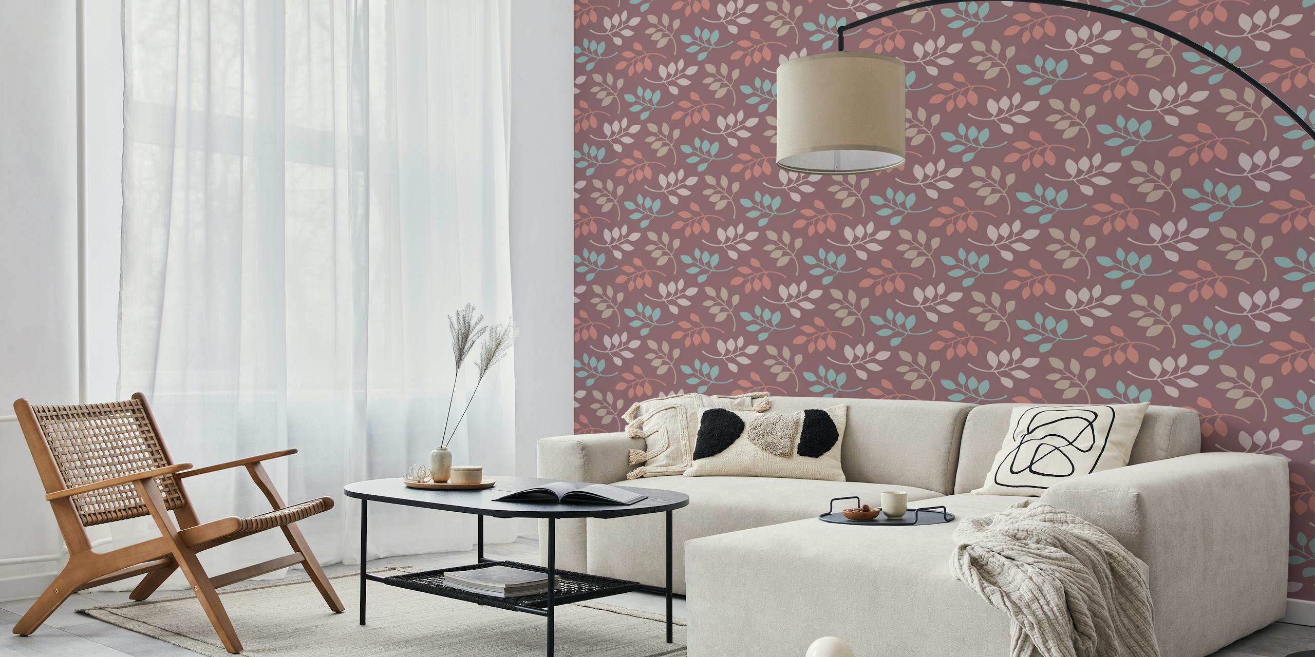 Floral leaves design in pastel colors on plum wallpaper